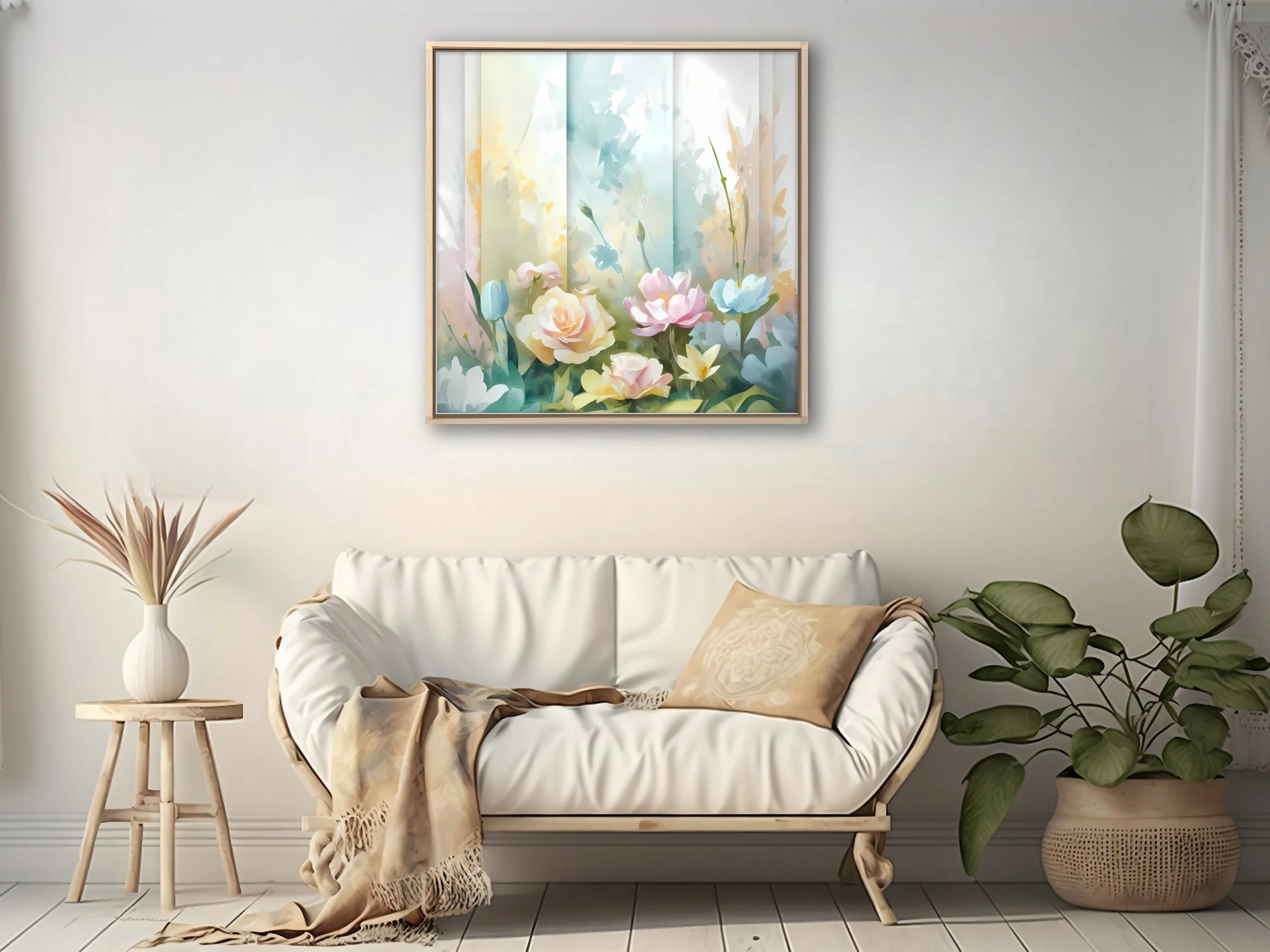 Pastel watercolor-style floral composition with soft roses and garden blooms in blush and blue