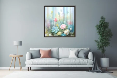 Pastel watercolor-style floral art with roses, lilies, and tulips in soft dreamy tones
