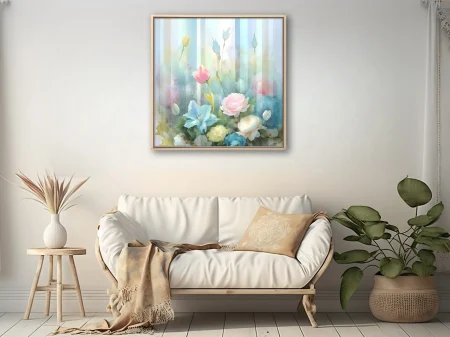 Pastel watercolor-style floral art with roses, lilies, and tulips in soft dreamy tones
