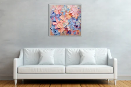 Pastel floral abstract with petals in peach, pink, and powder blue