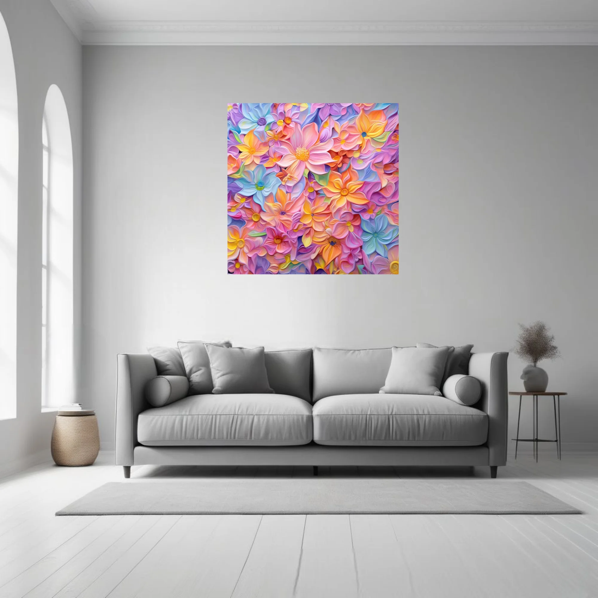 Abstract pastel floral art print in peach, lavender, blue, and yellow tones