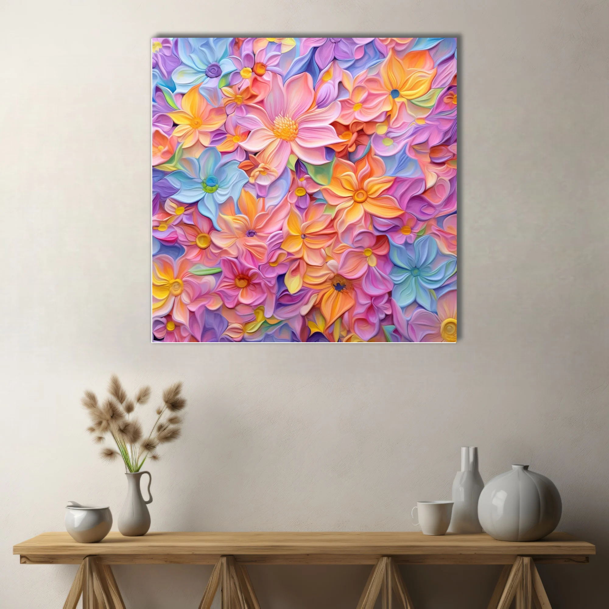 Abstract pastel floral art print in peach, lavender, blue, and yellow tones