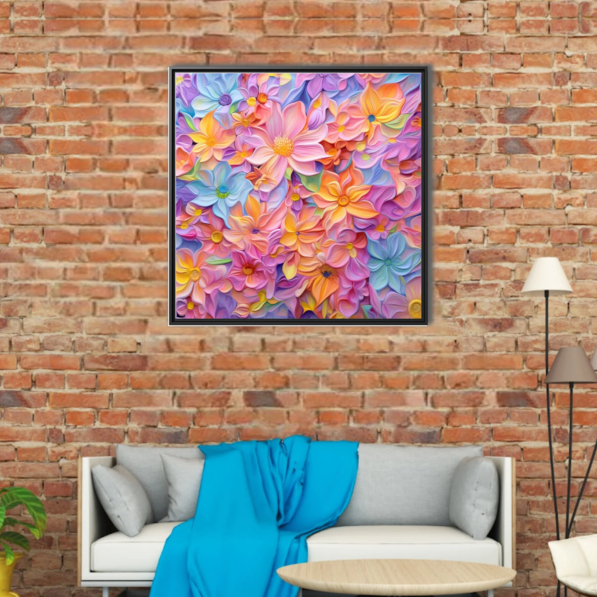 Abstract pastel floral art print in peach, lavender, blue, and yellow tones