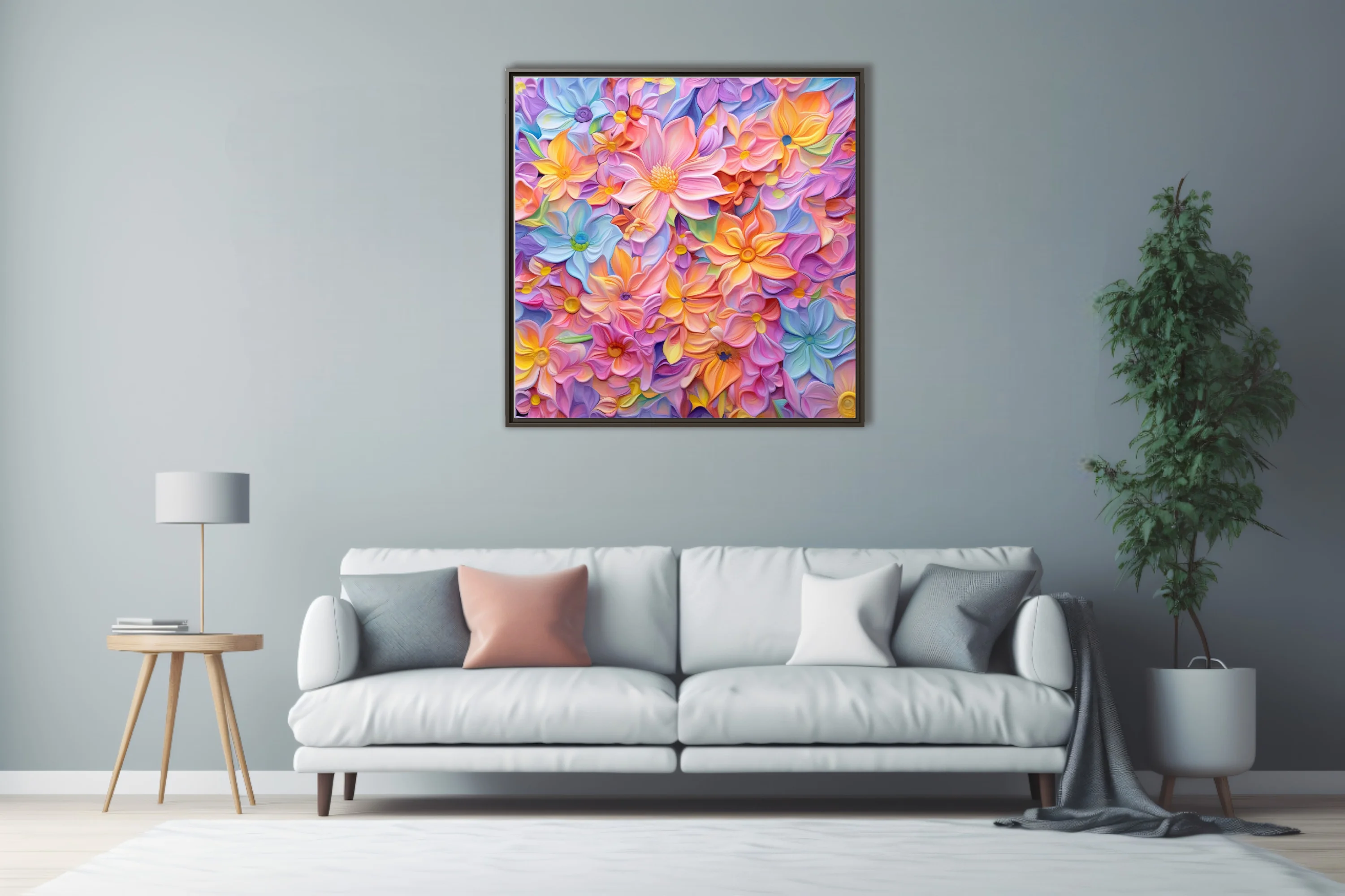 Abstract pastel floral art print in peach, lavender, blue, and yellow tones