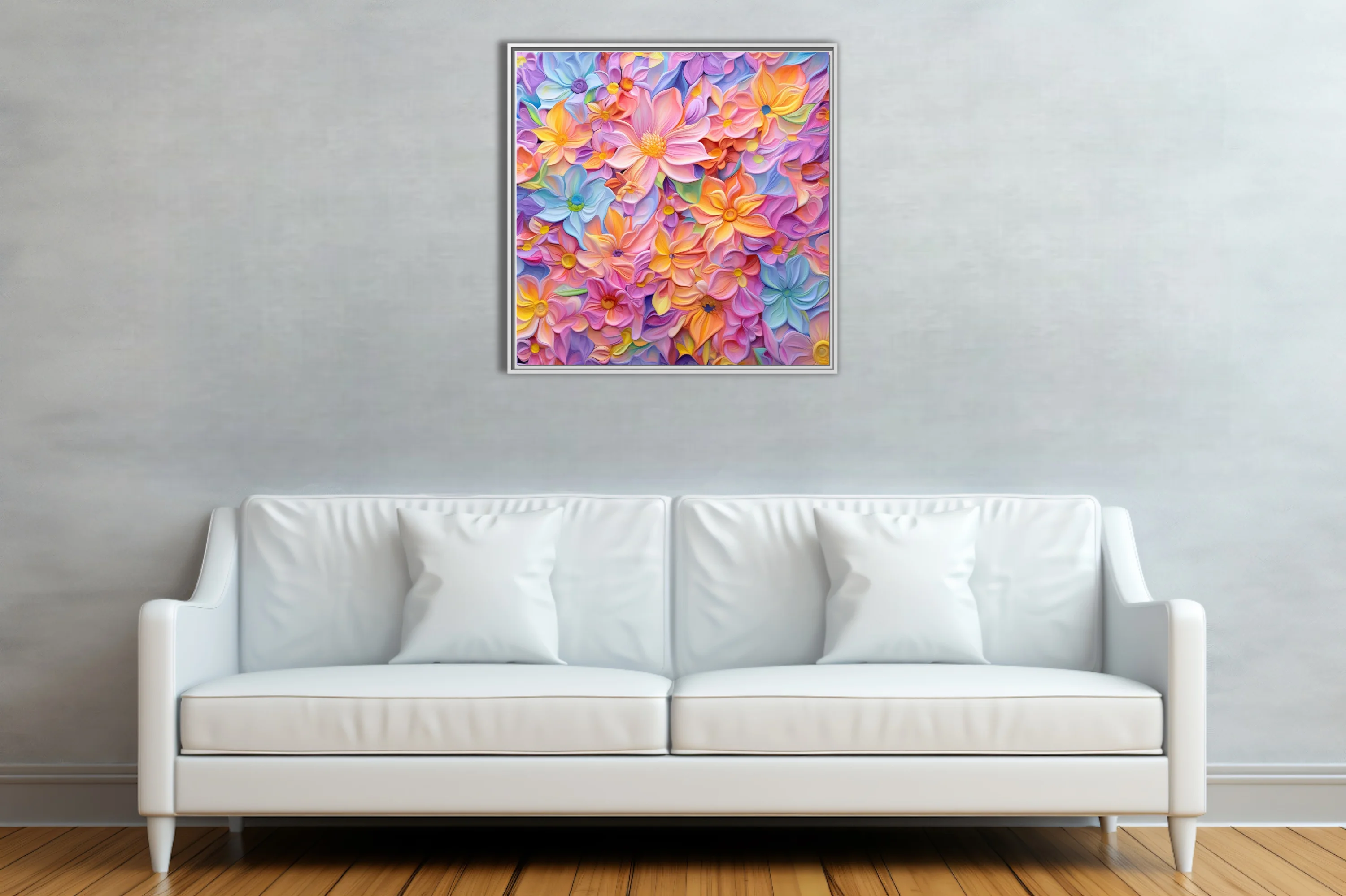 Abstract pastel floral art print in peach, lavender, blue, and yellow tones