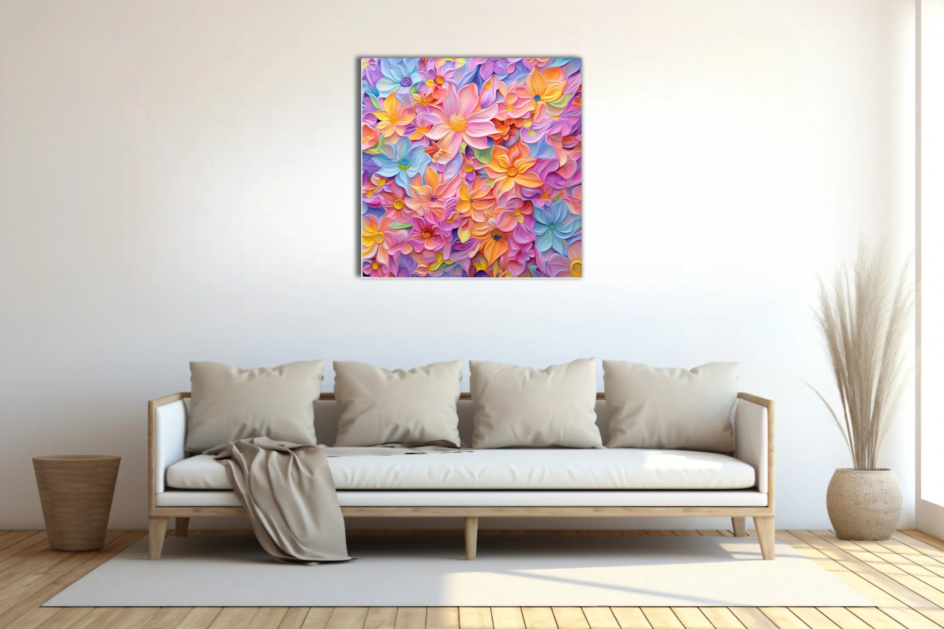 Abstract pastel floral art print in peach, lavender, blue, and yellow tones