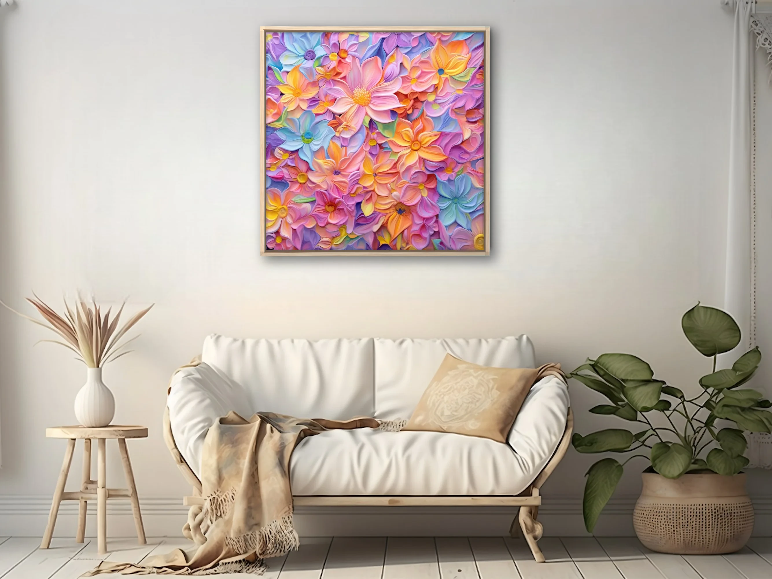Abstract pastel floral art print in peach, lavender, blue, and yellow tones