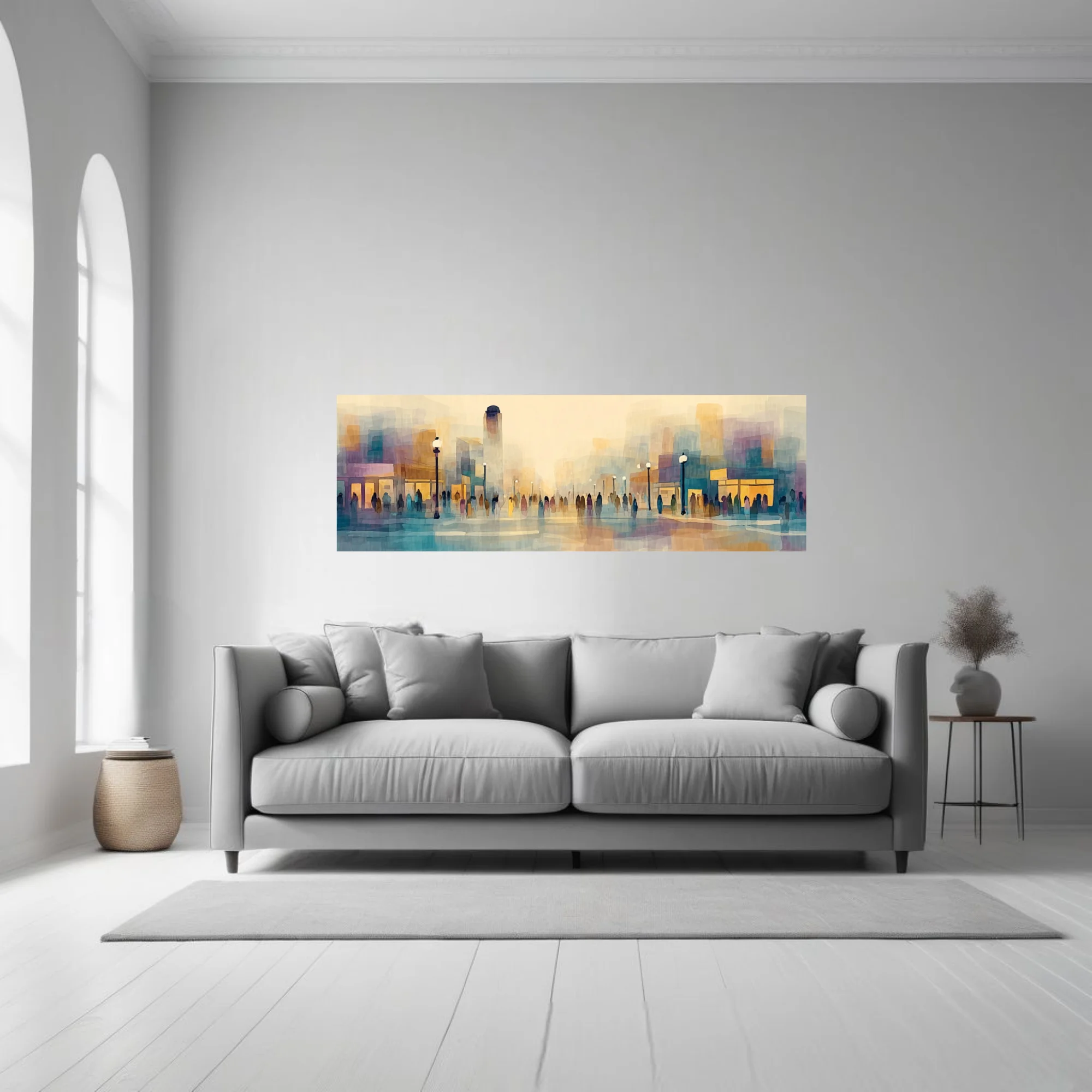 Abstract watercolor-style cityscape with figures, lamp posts, and storefronts in pastel amber and blue tones