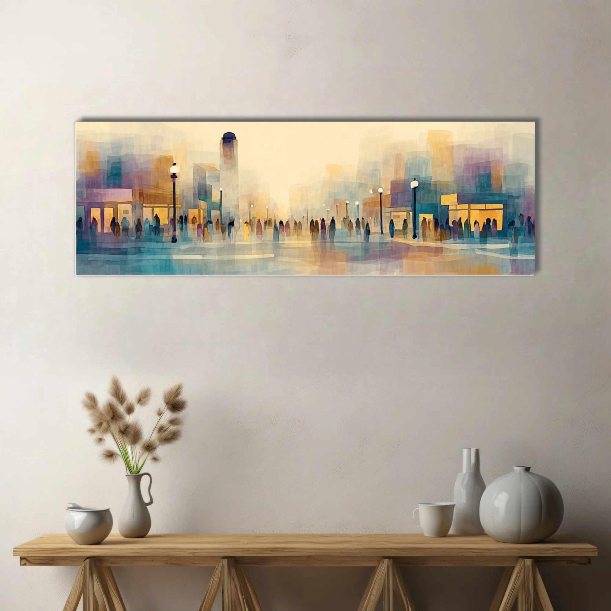 Abstract watercolor-style cityscape with figures, lamp posts, and storefronts in pastel amber and blue tones