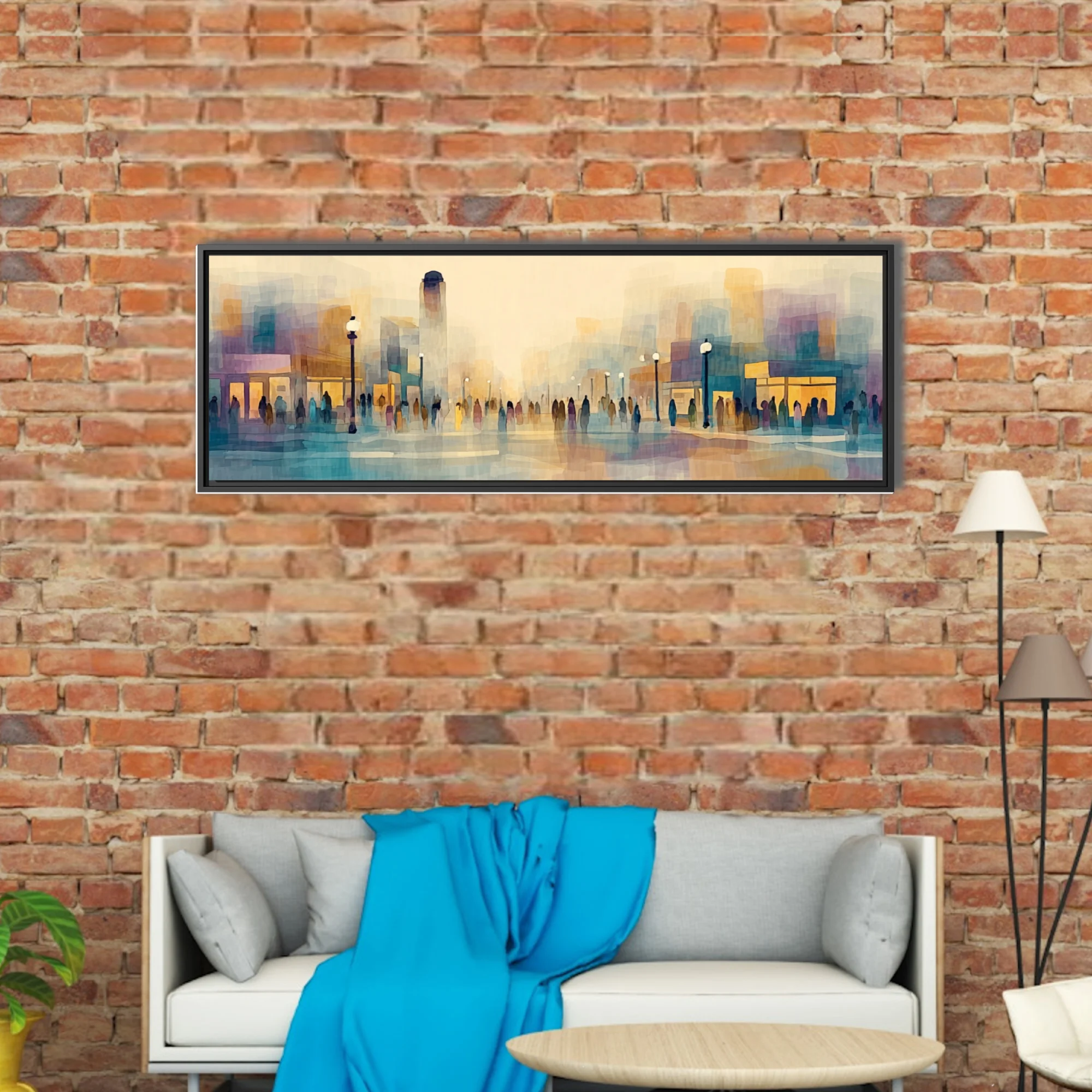 Abstract watercolor-style cityscape with figures, lamp posts, and storefronts in pastel amber and blue tones