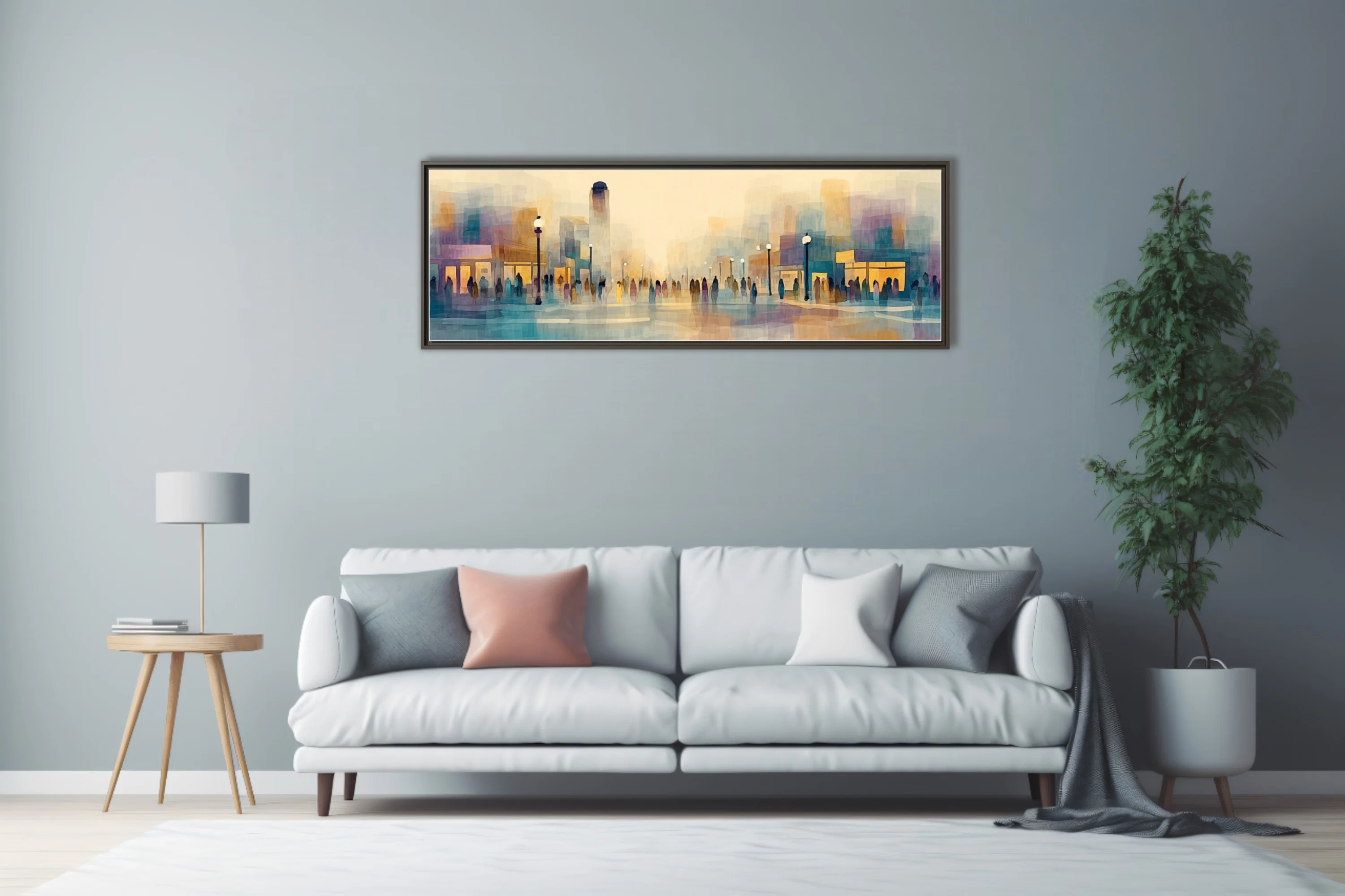 Abstract watercolor-style cityscape with figures, lamp posts, and storefronts in pastel amber and blue tones