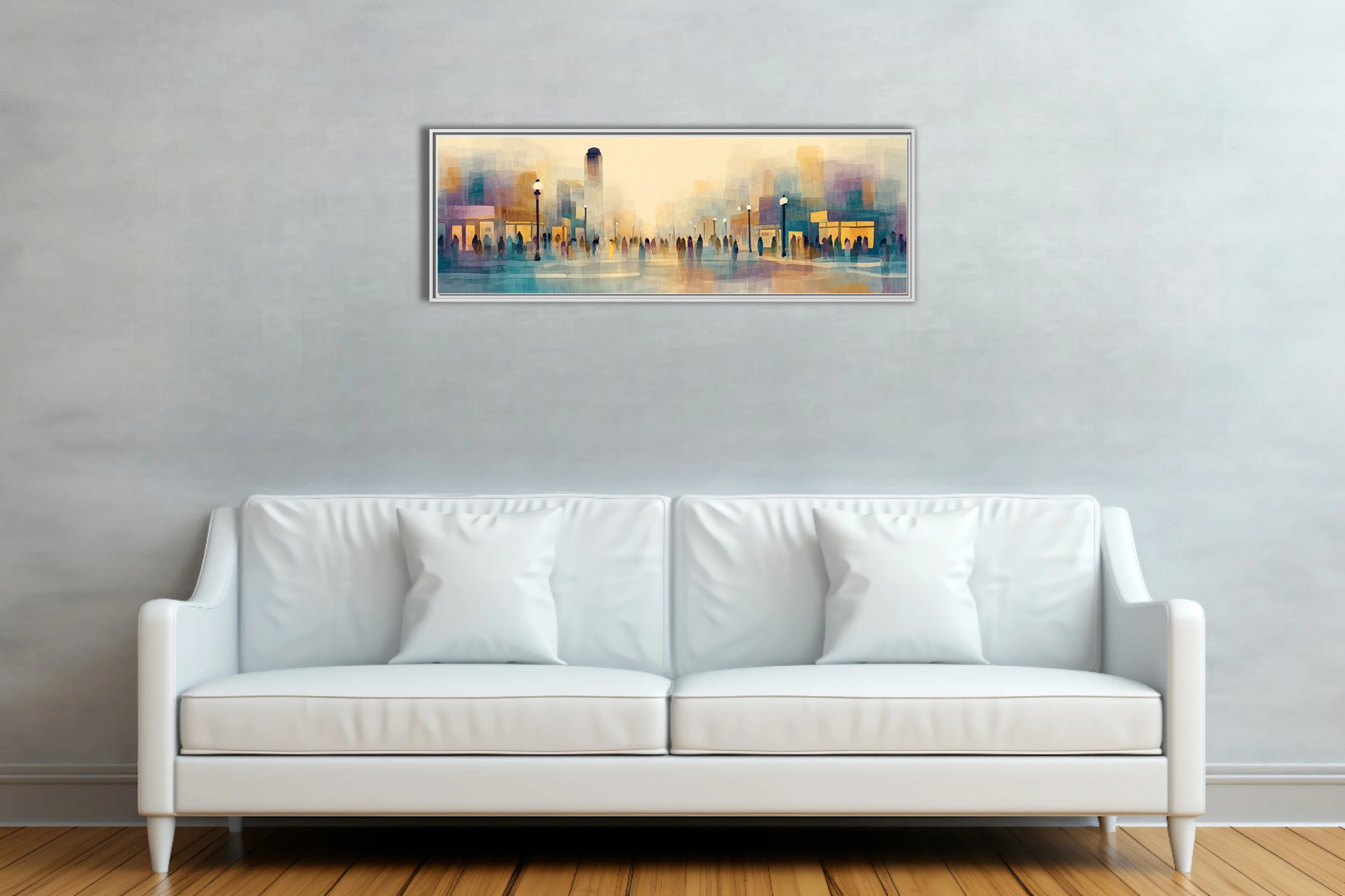 Abstract watercolor-style cityscape with figures, lamp posts, and storefronts in pastel amber and blue tones