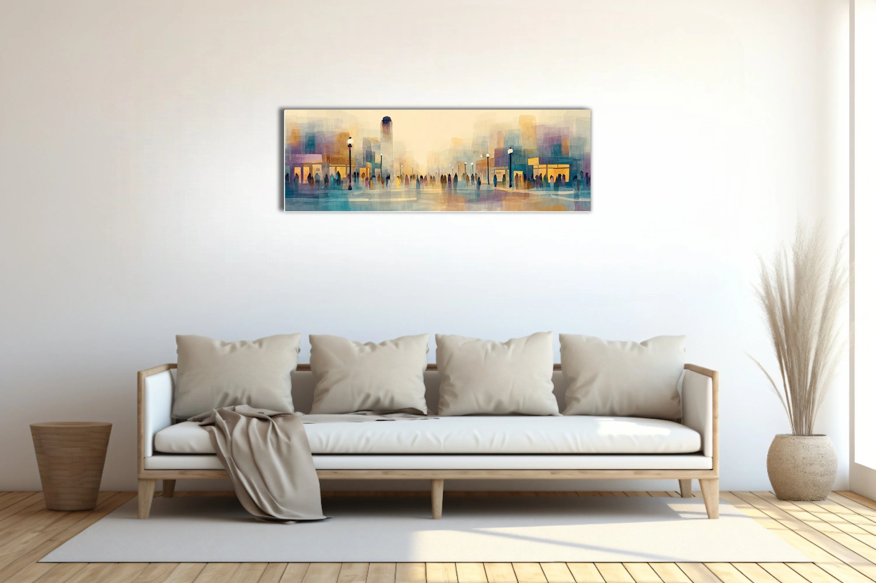 Abstract watercolor-style cityscape with figures, lamp posts, and storefronts in pastel amber and blue tones