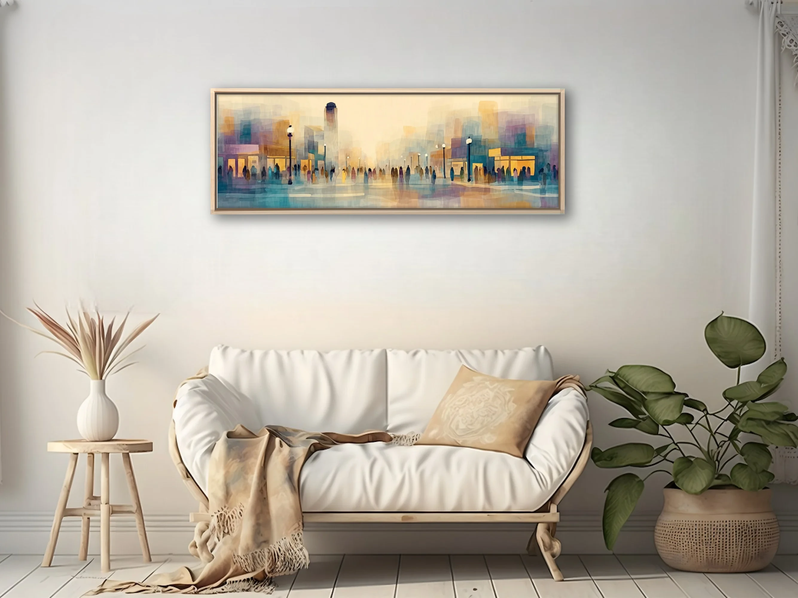Abstract watercolor-style cityscape with figures, lamp posts, and storefronts in pastel amber and blue tones