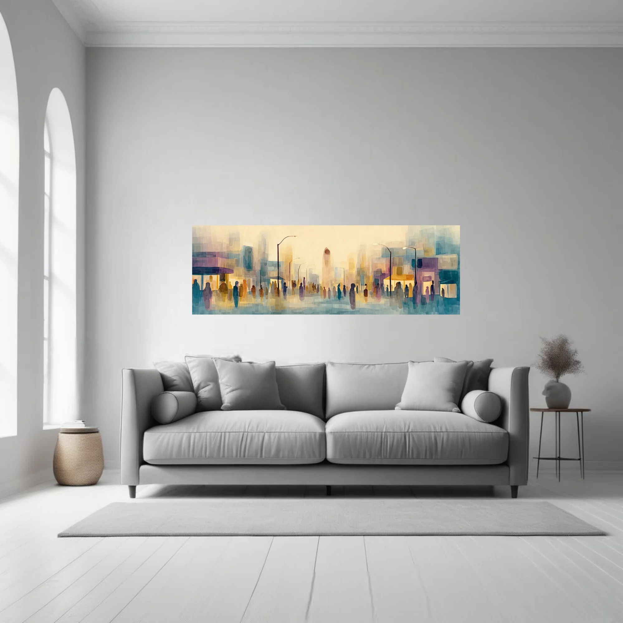 Abstract watercolor-style cityscape with silhouetted crowds in pastel teal, ochre, and violet washes