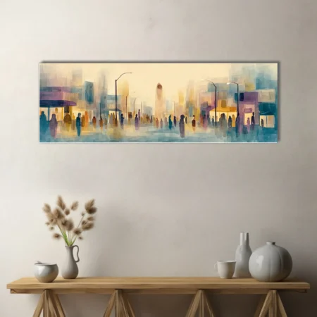 Abstract watercolor-style cityscape with silhouetted crowds in pastel teal, ochre, and violet washes
