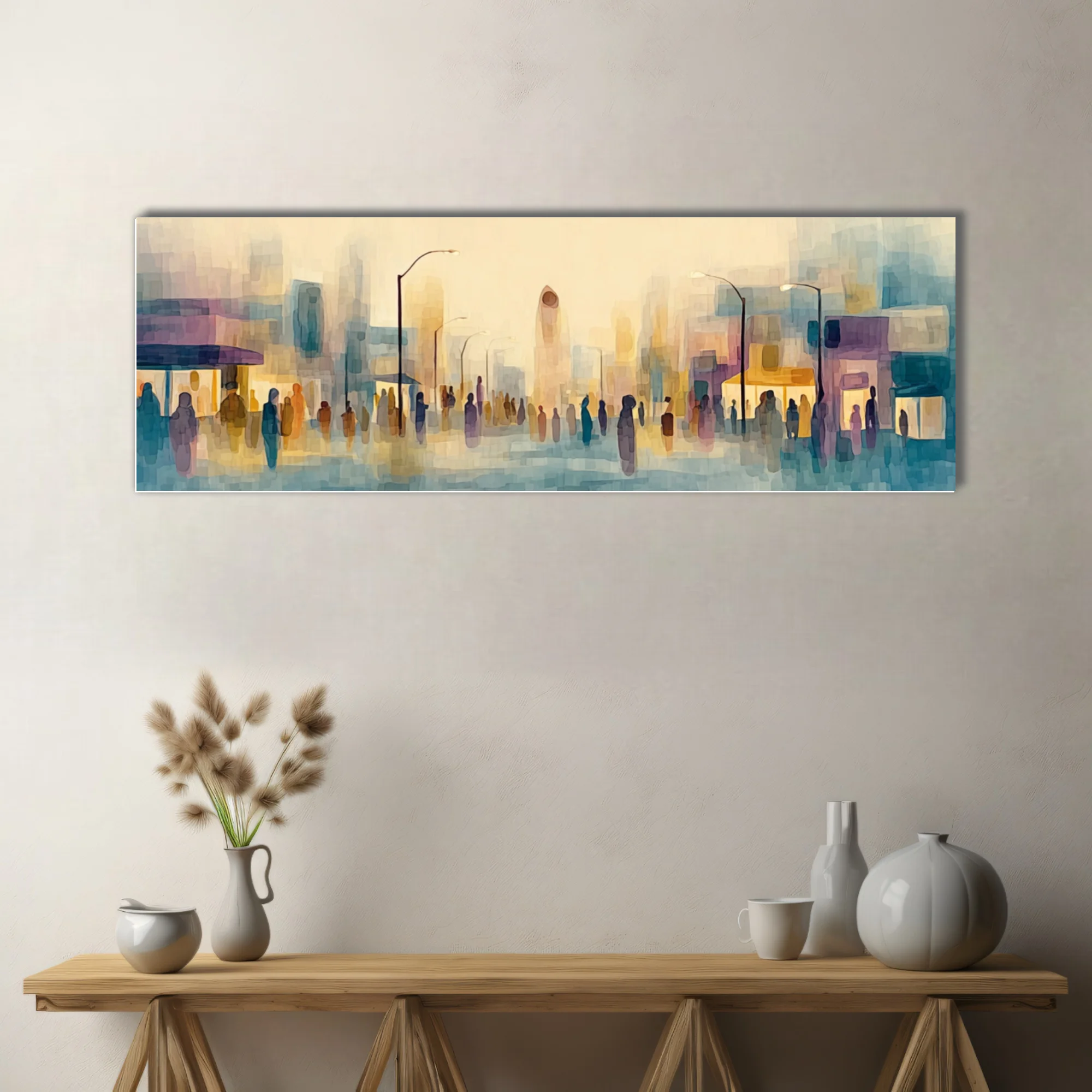 Abstract watercolor-style cityscape with silhouetted crowds in pastel teal, ochre, and violet washes