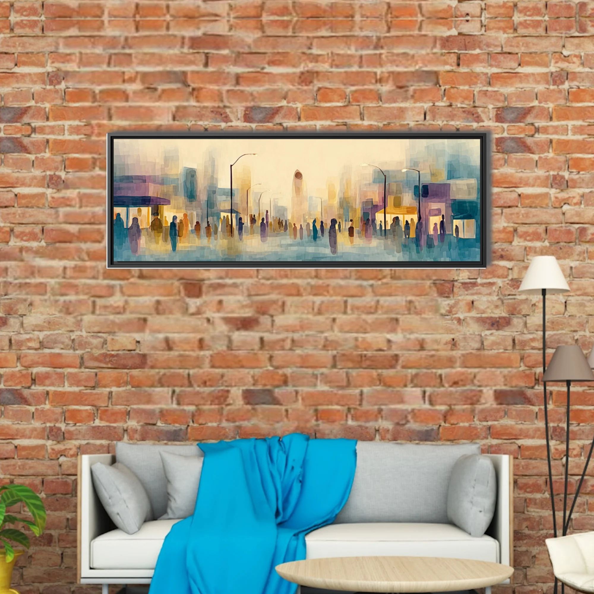 Abstract watercolor-style cityscape with silhouetted crowds in pastel teal, ochre, and violet washes