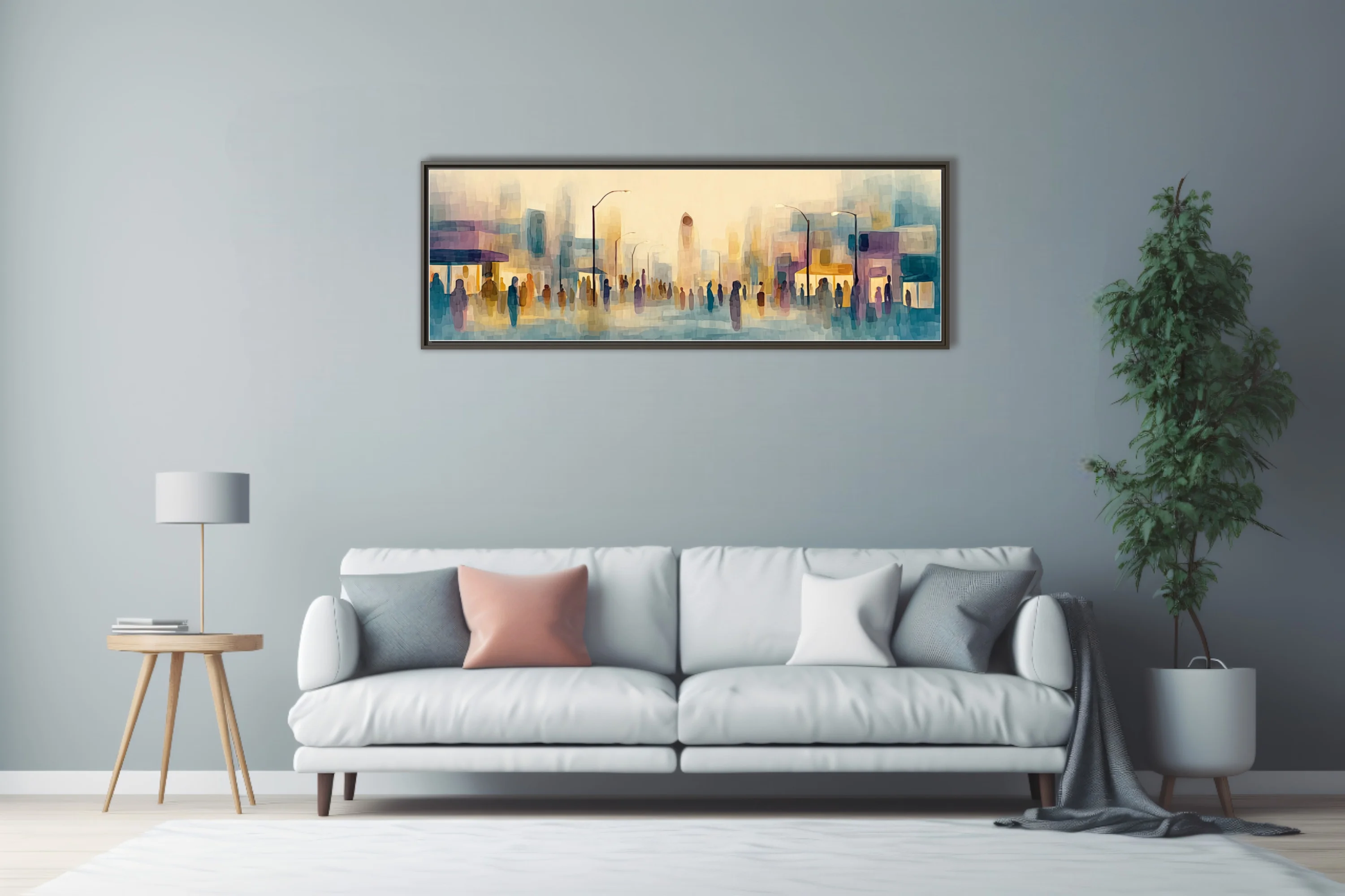 Abstract watercolor-style cityscape with silhouetted crowds in pastel teal, ochre, and violet washes