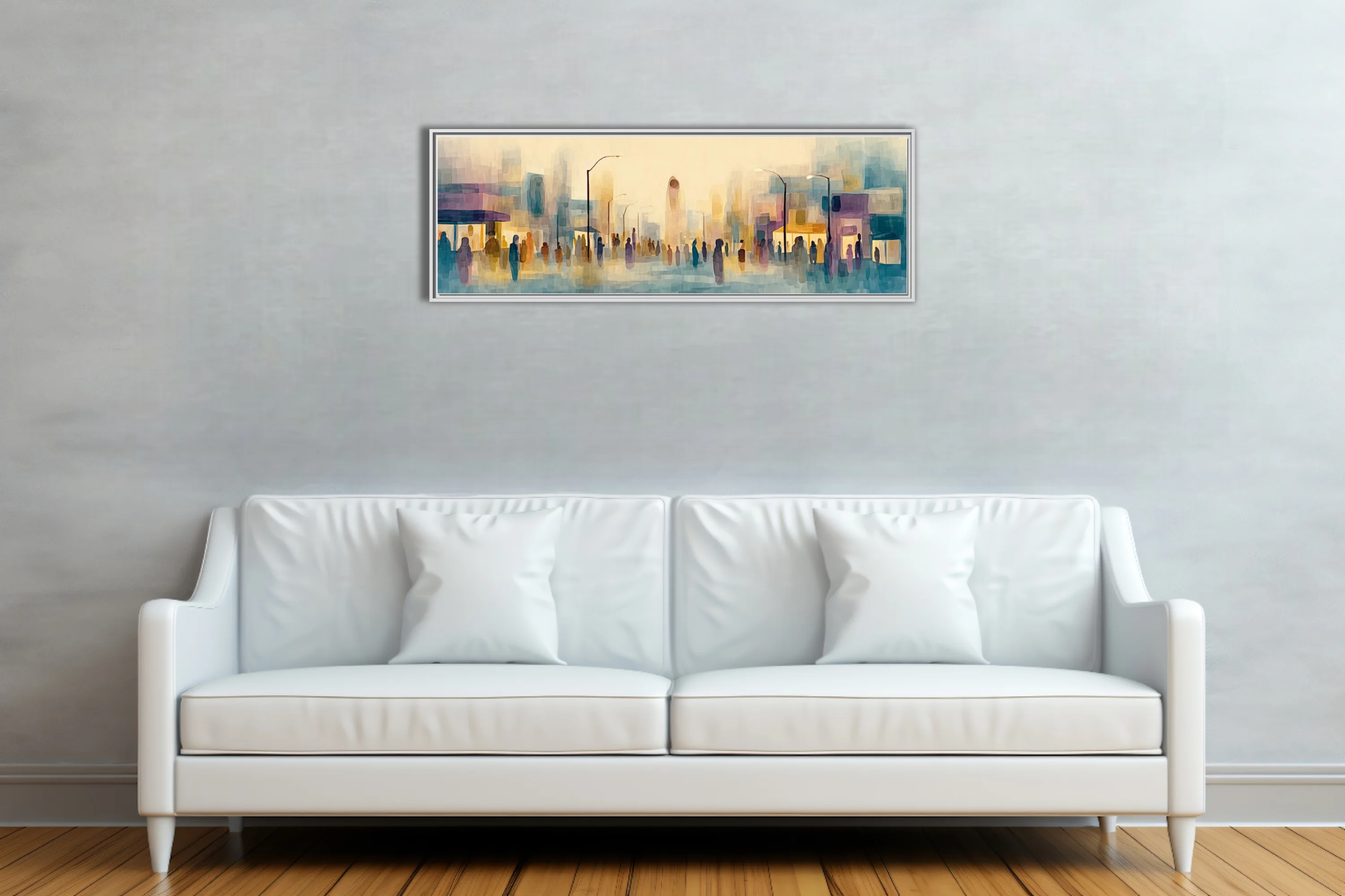Abstract watercolor-style cityscape with silhouetted crowds in pastel teal, ochre, and violet washes