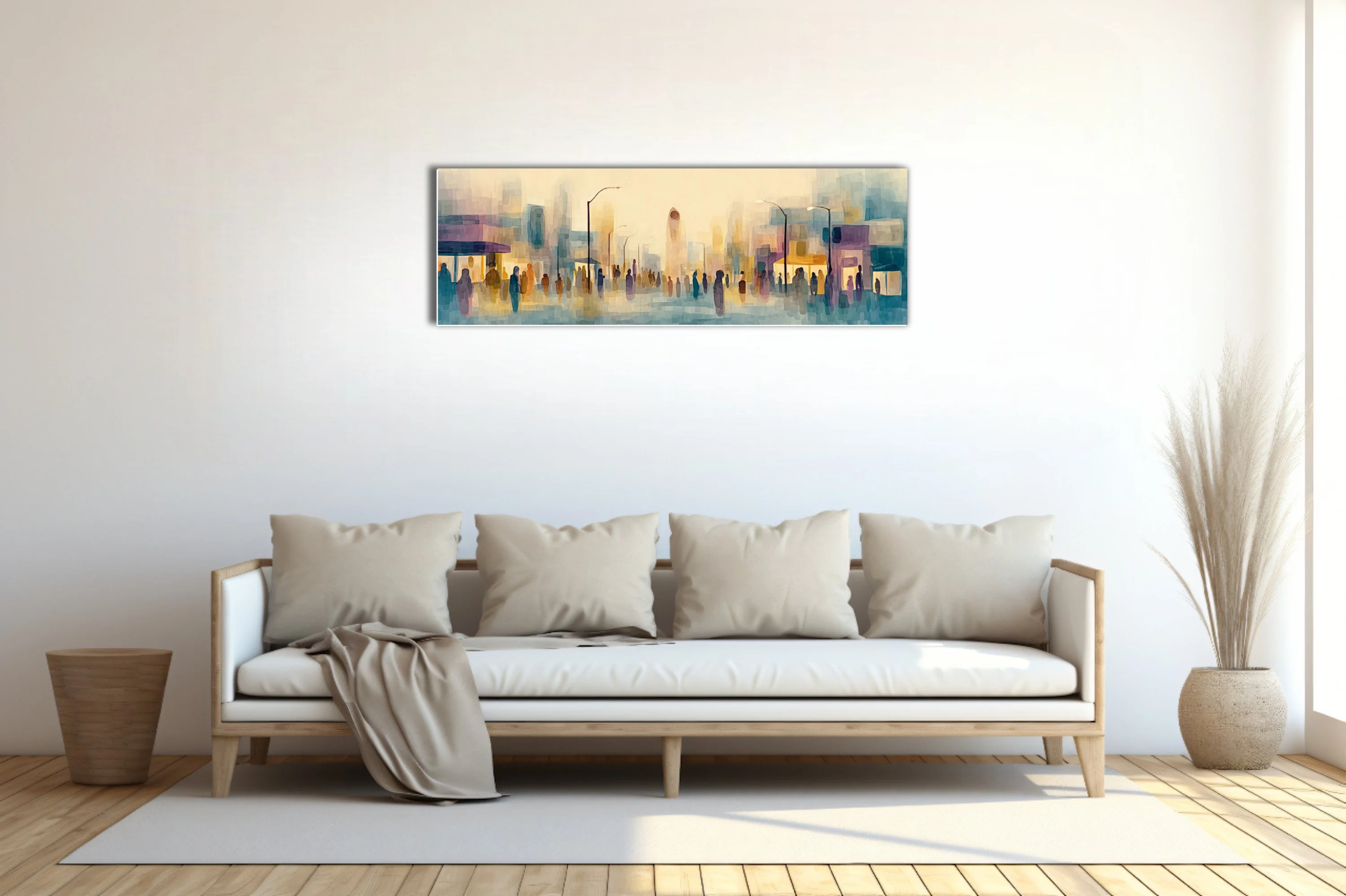 Abstract watercolor-style cityscape with silhouetted crowds in pastel teal, ochre, and violet washes