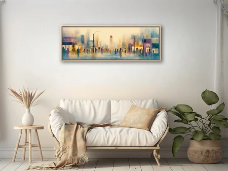 Abstract watercolor-style cityscape with silhouetted crowds in pastel teal, ochre, and violet washes