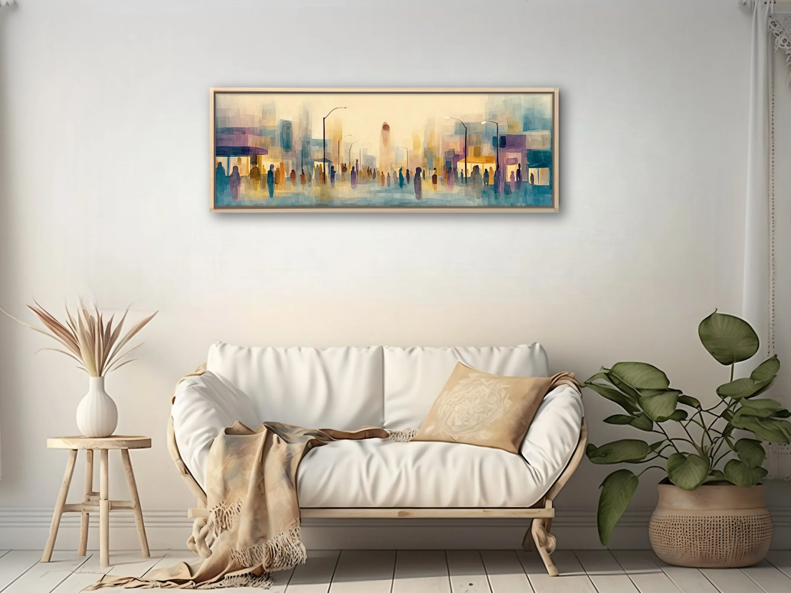 Abstract watercolor-style cityscape with silhouetted crowds in pastel teal, ochre, and violet washes