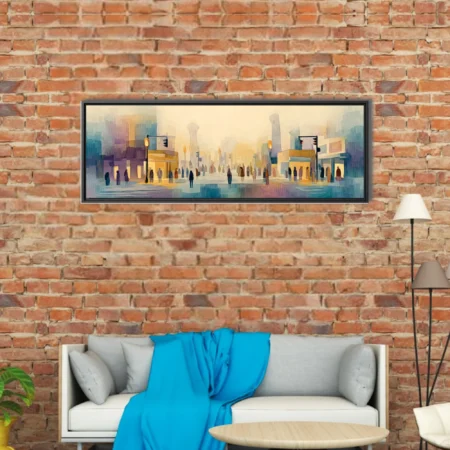 Abstract pastel cityscape with figures at an intersection, watercolor-style urban wall art