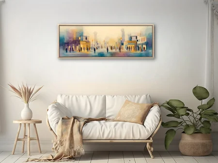 Abstract pastel cityscape with figures at an intersection, watercolor-style urban wall art