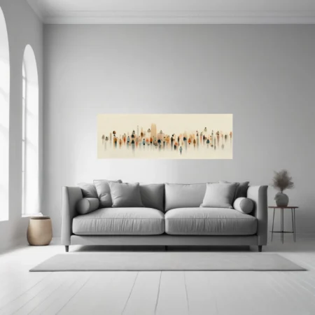 Minimalist abstract crowd illustration, muted earth tones and hazy watercolor-style washes