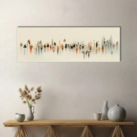 Minimalist ink-wash style crowd of abstract figures in muted earth and rust tones