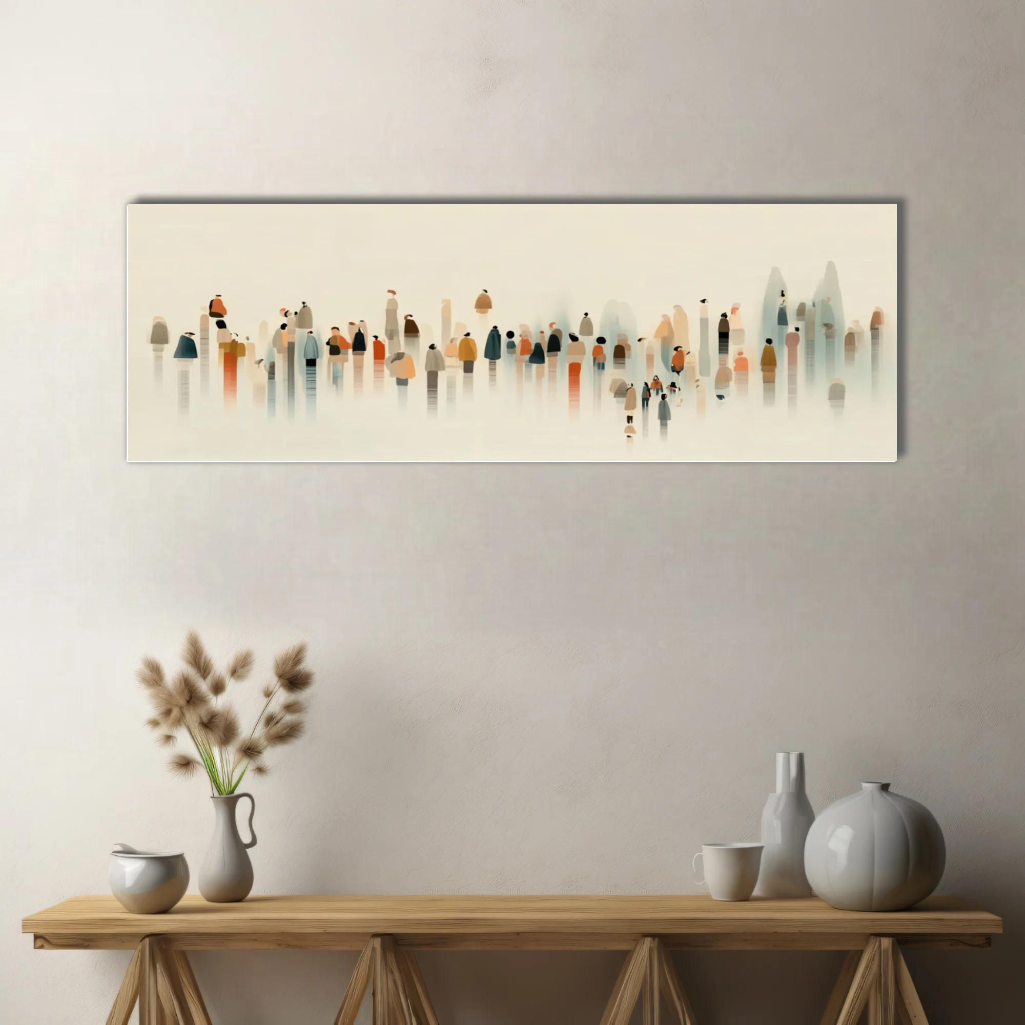 Minimalist ink-wash style crowd of abstract figures in muted earth and rust tones