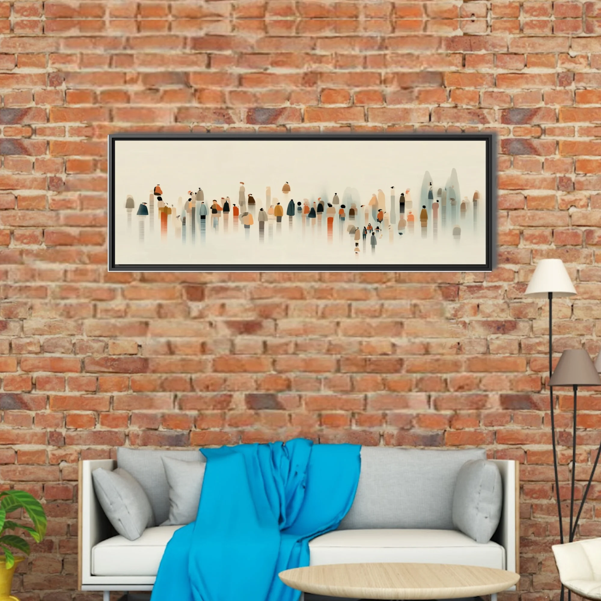 Minimalist ink-wash style crowd of abstract figures in muted earth and rust tones