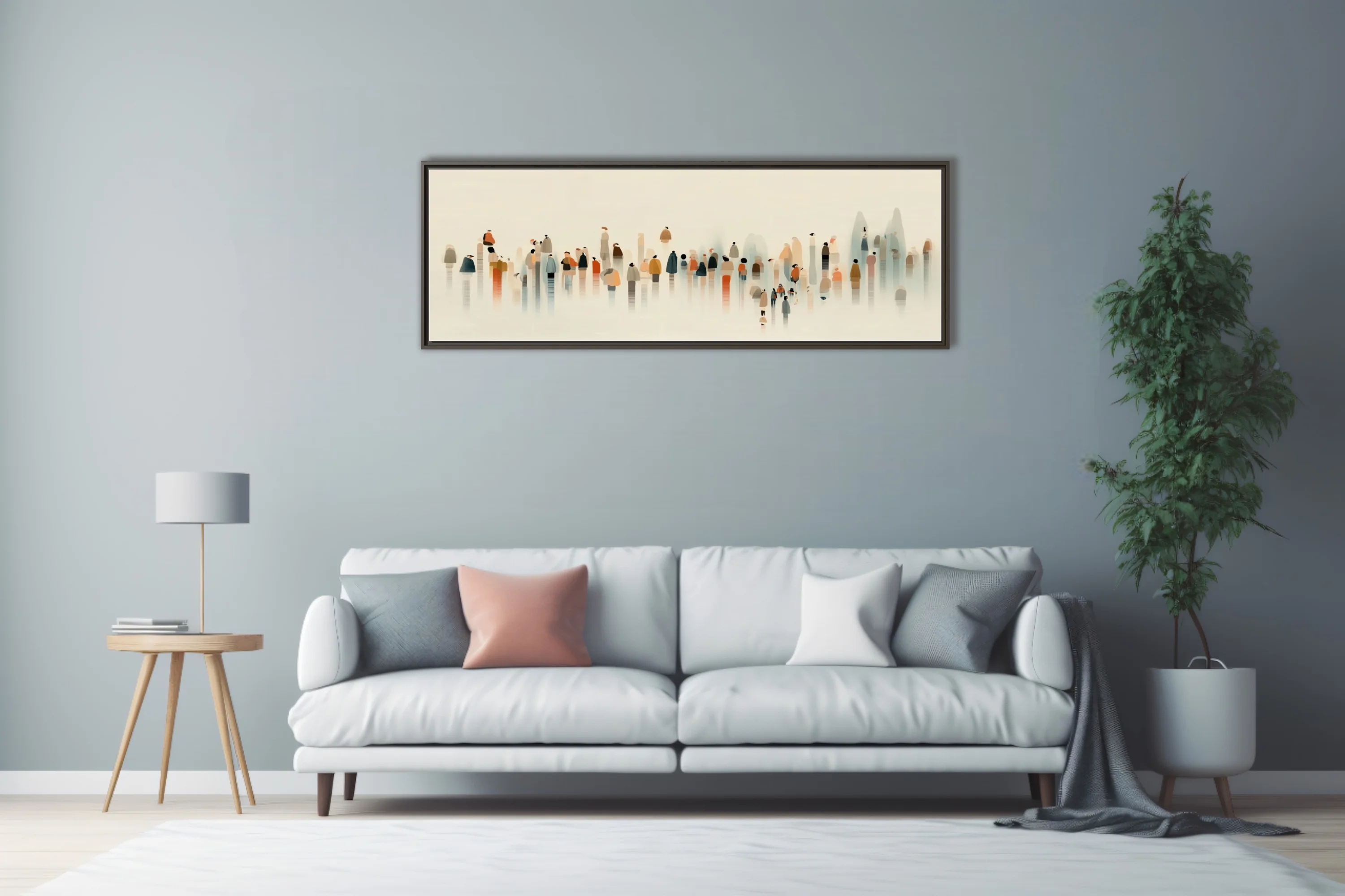 Minimalist ink-wash style crowd of abstract figures in muted earth and rust tones