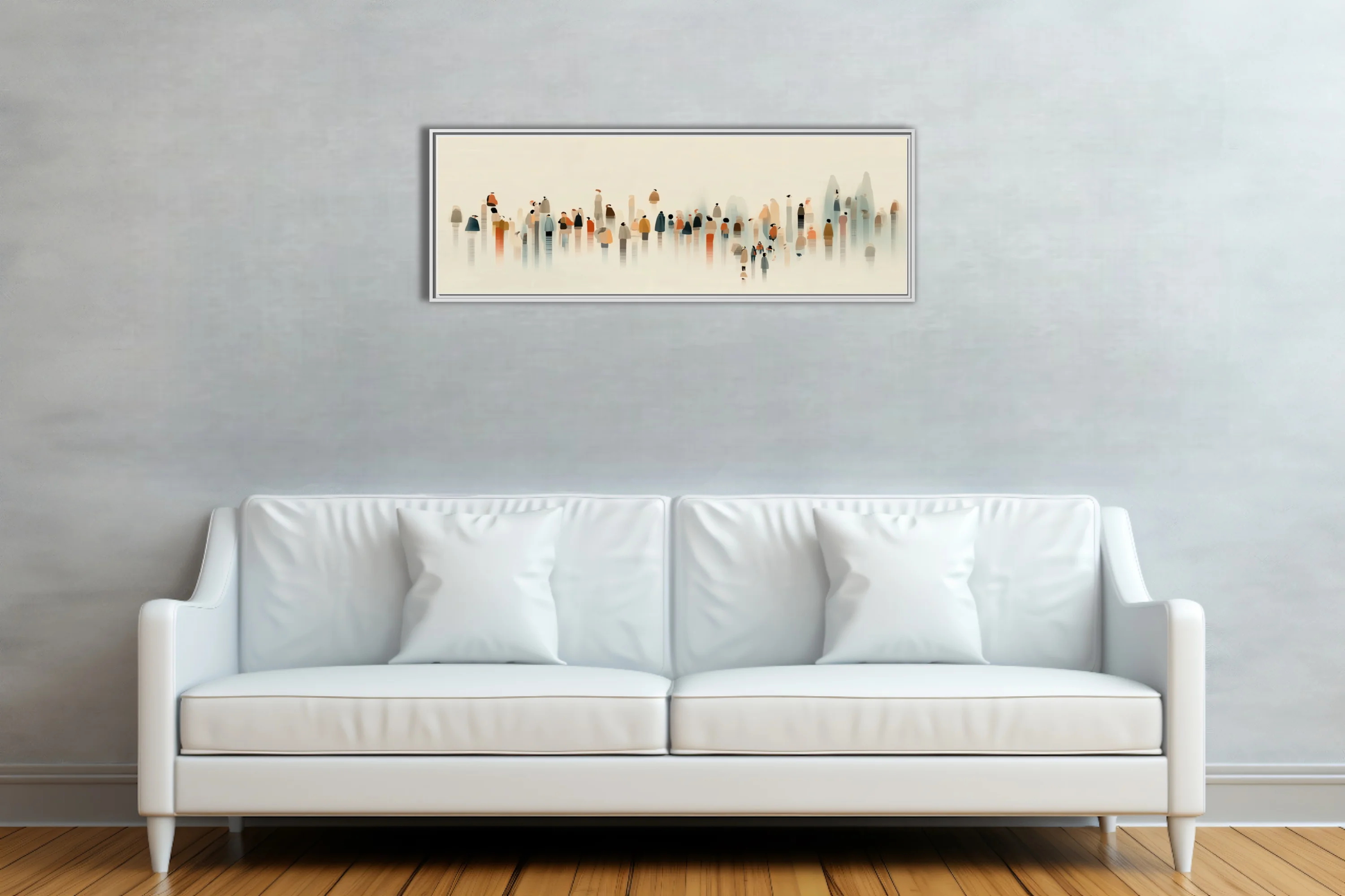 Minimalist ink-wash style crowd of abstract figures in muted earth and rust tones