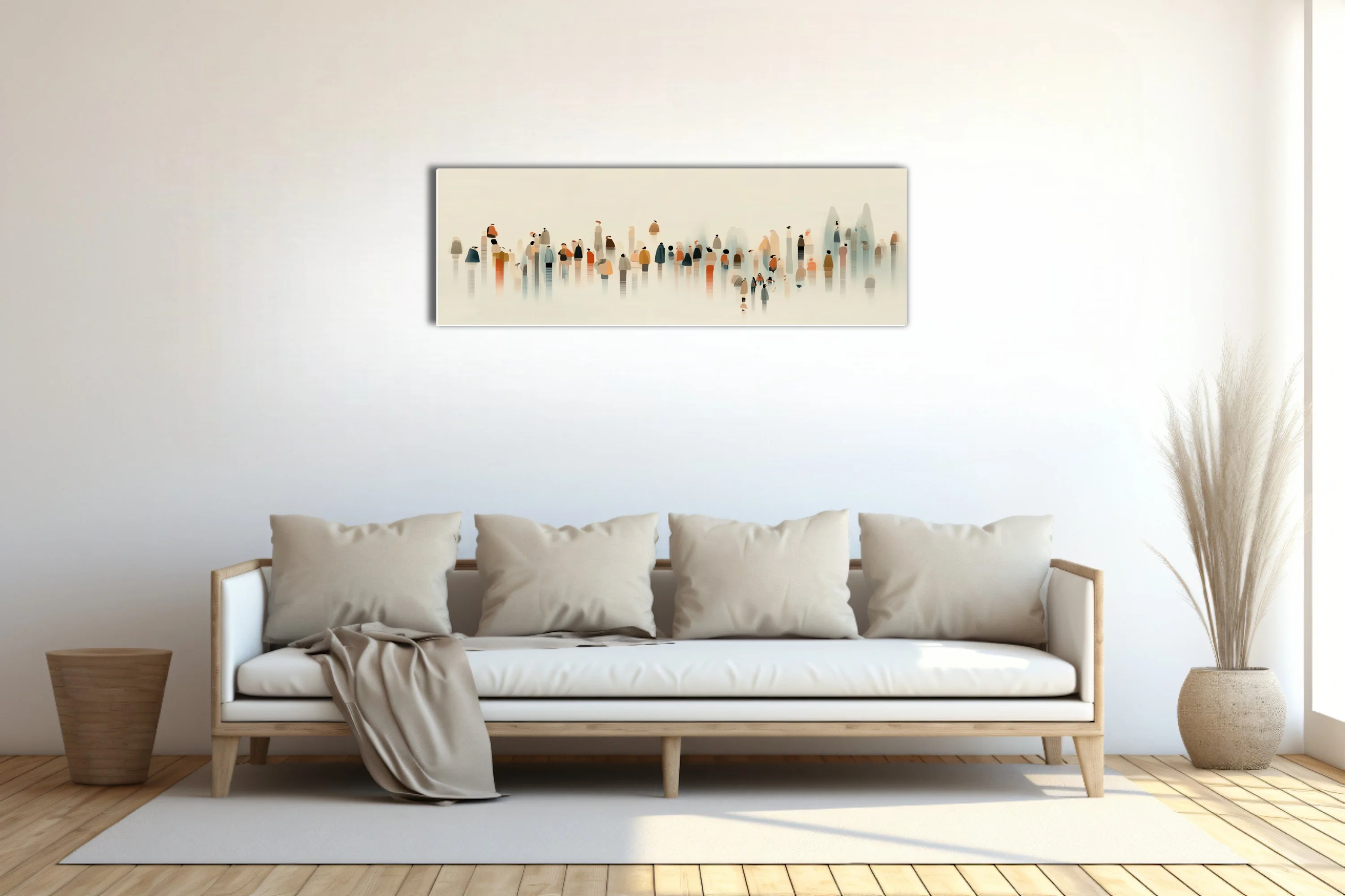 Minimalist ink-wash style crowd of abstract figures in muted earth and rust tones