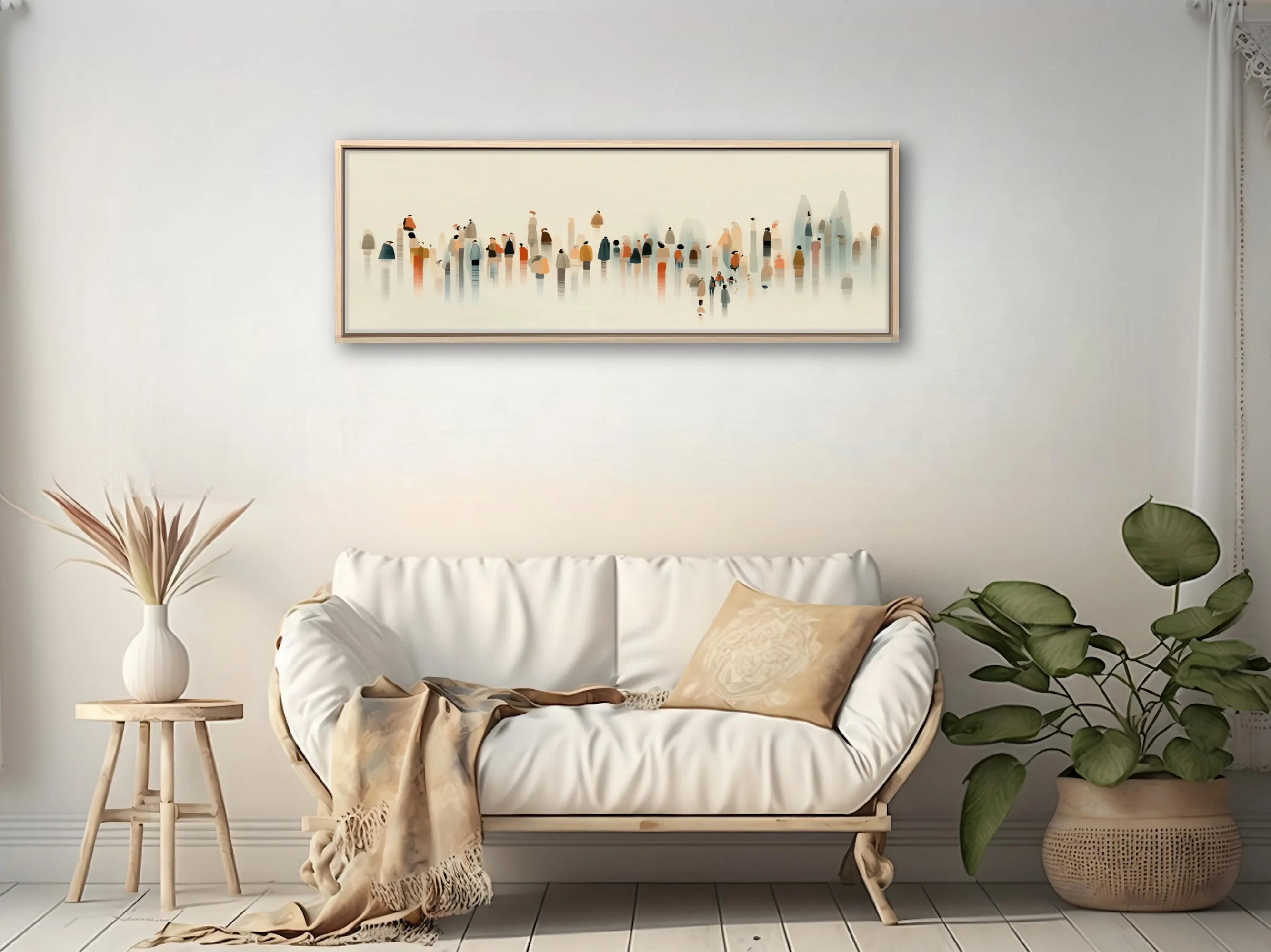 Minimalist ink-wash style crowd of abstract figures in muted earth and rust tones