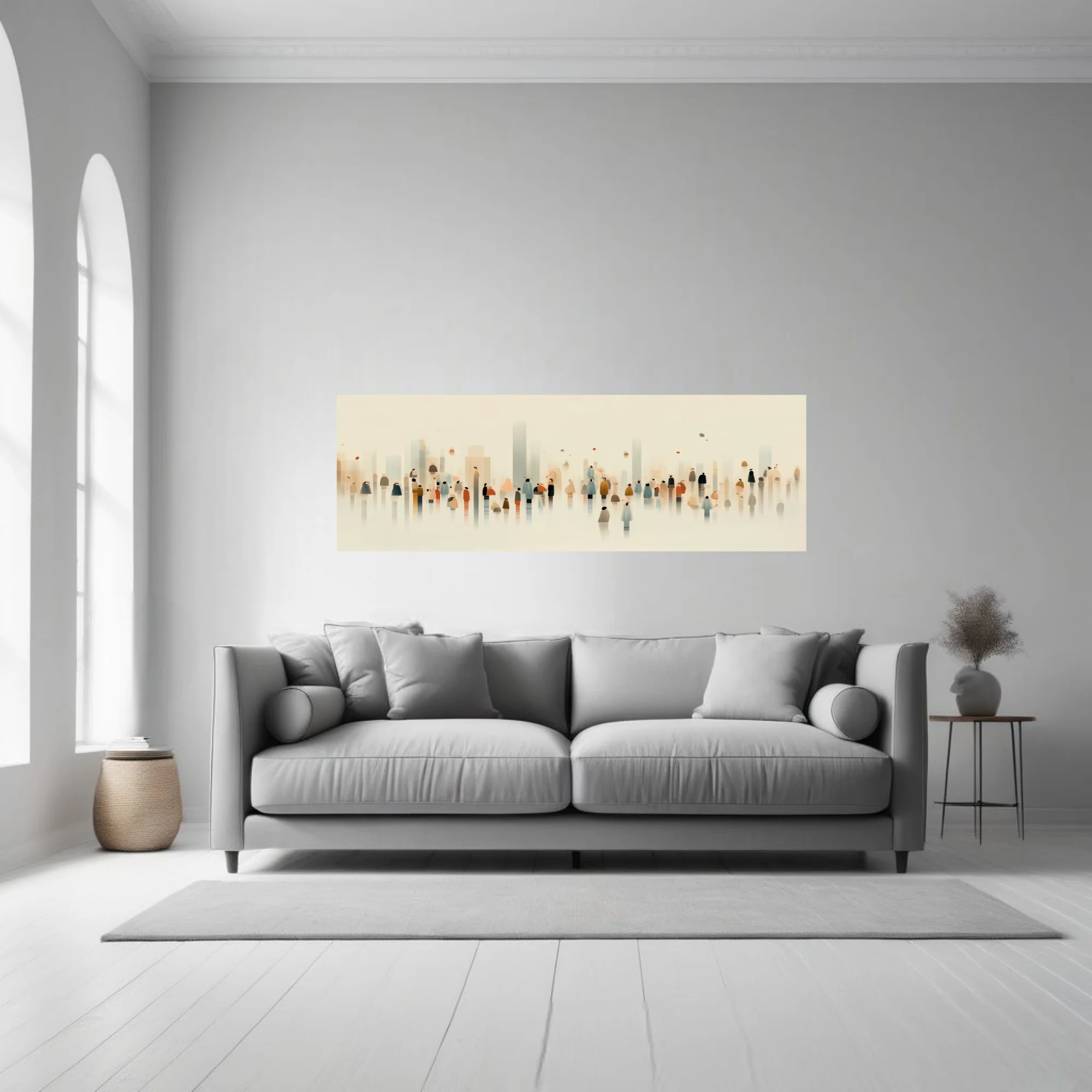 Minimalist abstract crowd scene, watercolor-style muted earth and blue tones
