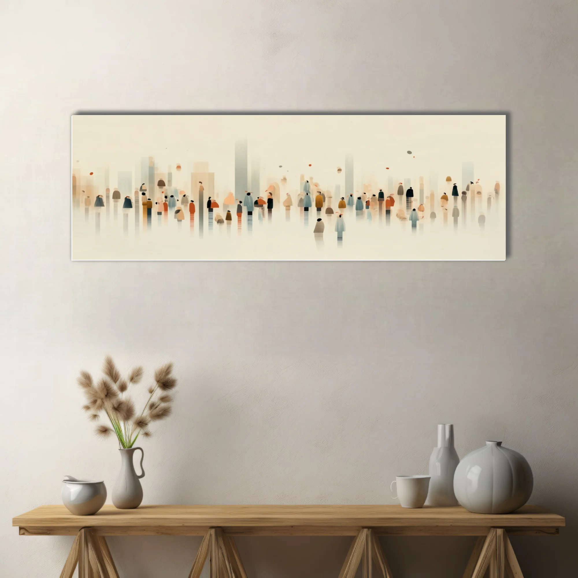 Minimalist abstract crowd scene, watercolor-style muted earth and blue tones