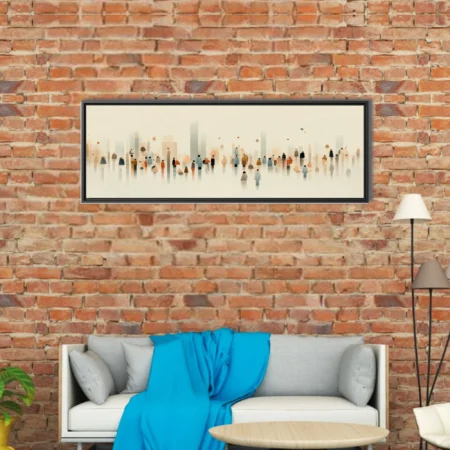 Minimalist abstract crowd scene, watercolor-style muted earth and blue tones