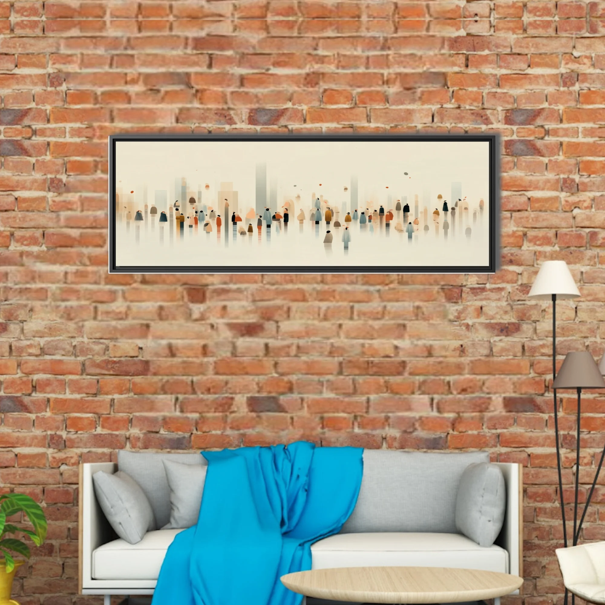 Minimalist abstract crowd scene, watercolor-style muted earth and blue tones