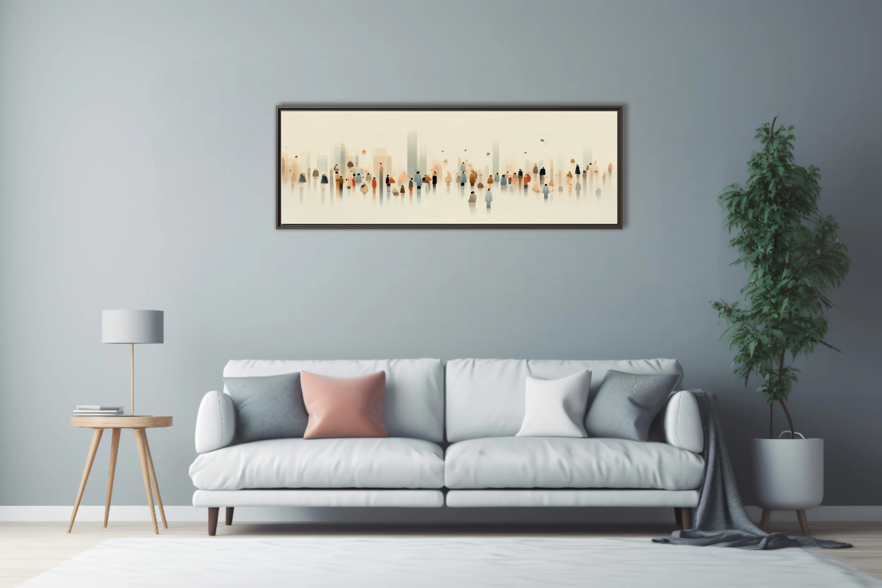 Minimalist abstract crowd scene, watercolor-style muted earth and blue tones