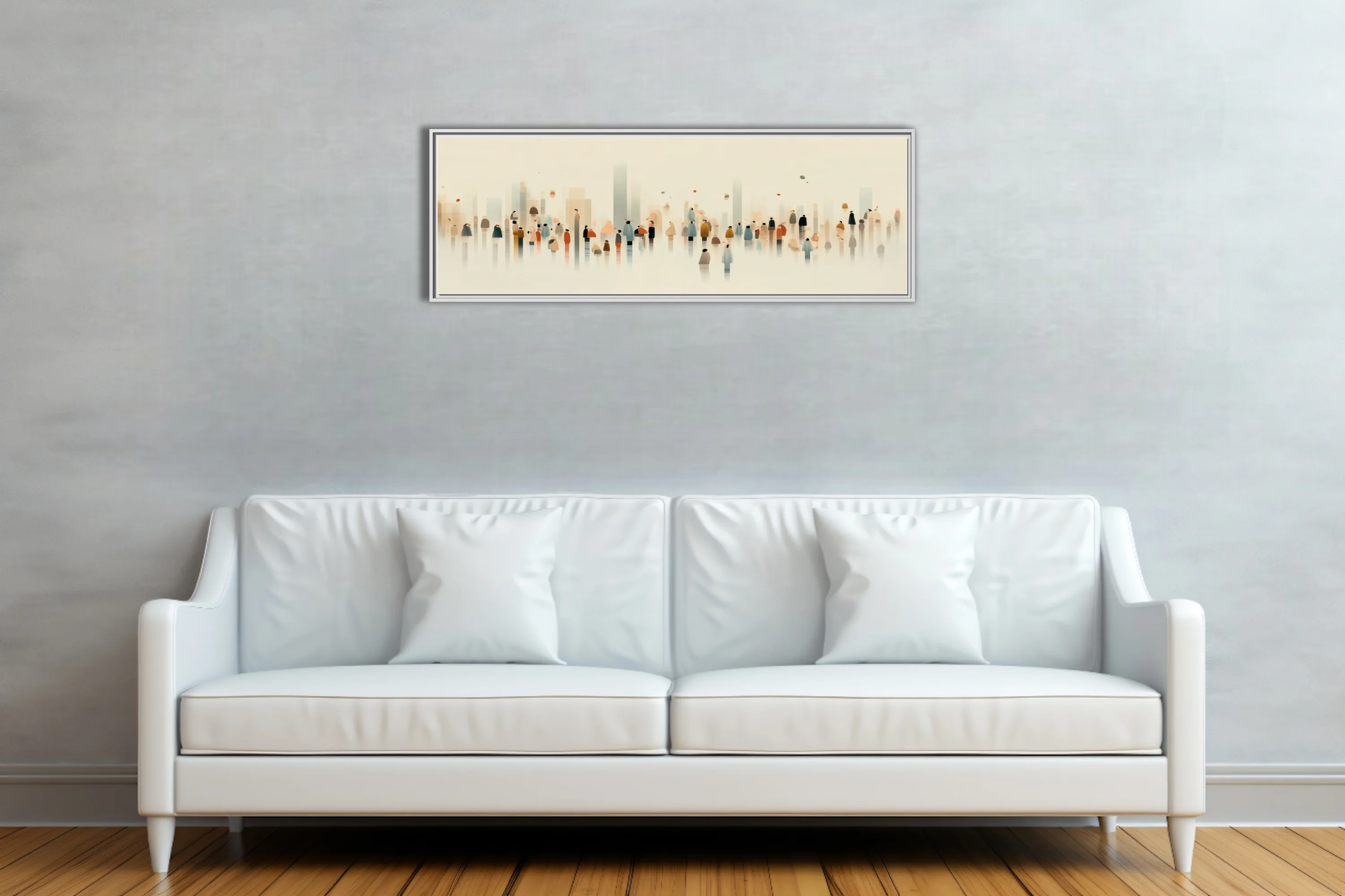 Minimalist abstract crowd scene, watercolor-style muted earth and blue tones