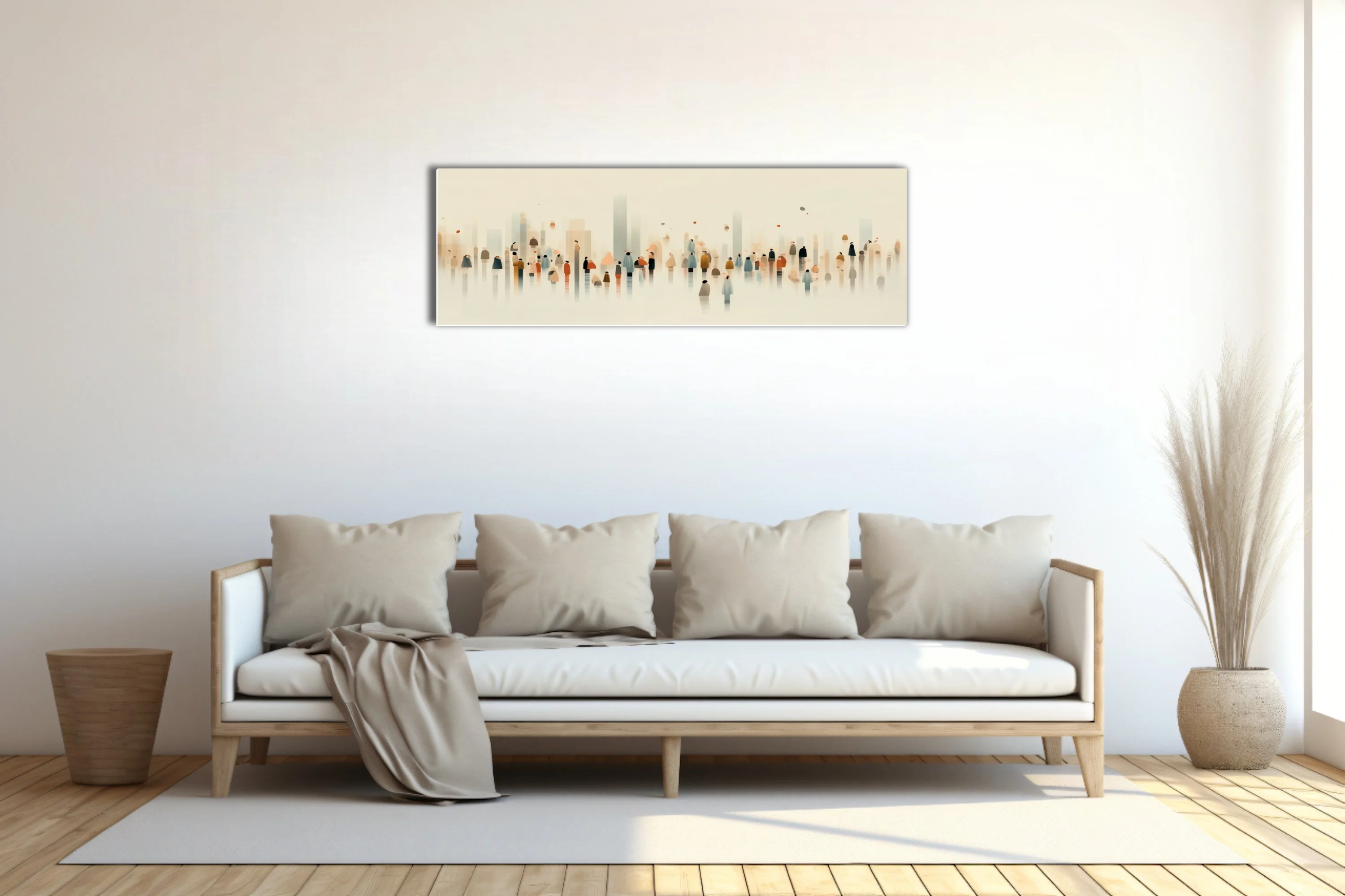 Minimalist abstract crowd scene, watercolor-style muted earth and blue tones