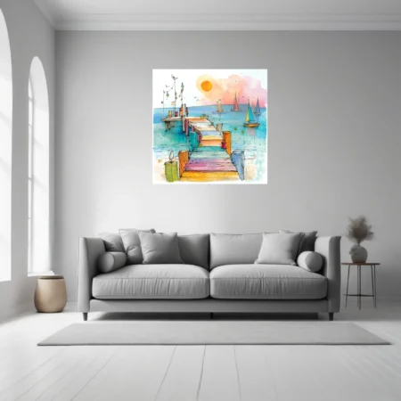 Colorful watercolor-style pier and sailboats sketch, intensely colored coastal scene