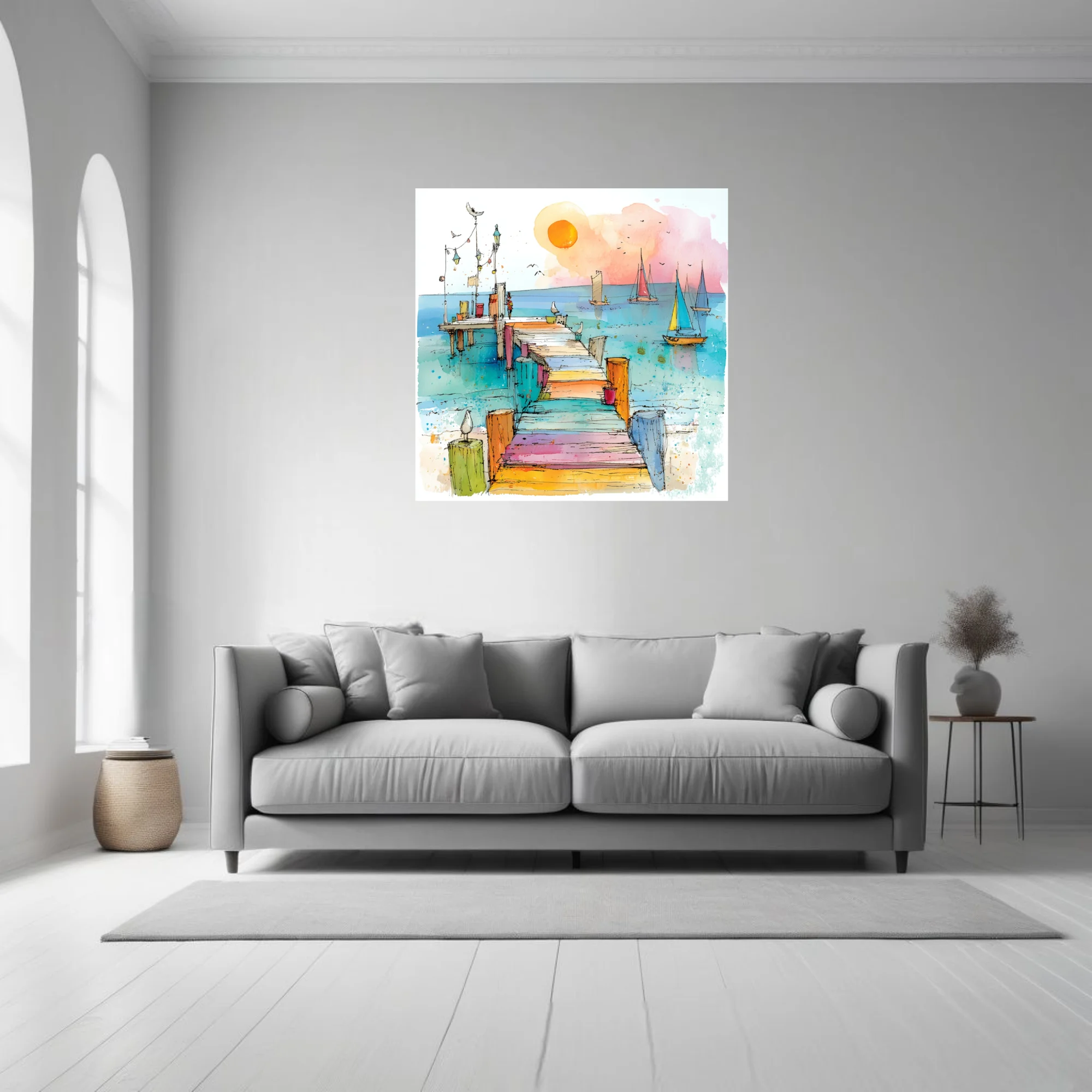 Colorful watercolor-style pier and sailboats sketch, intensely colored coastal scene
