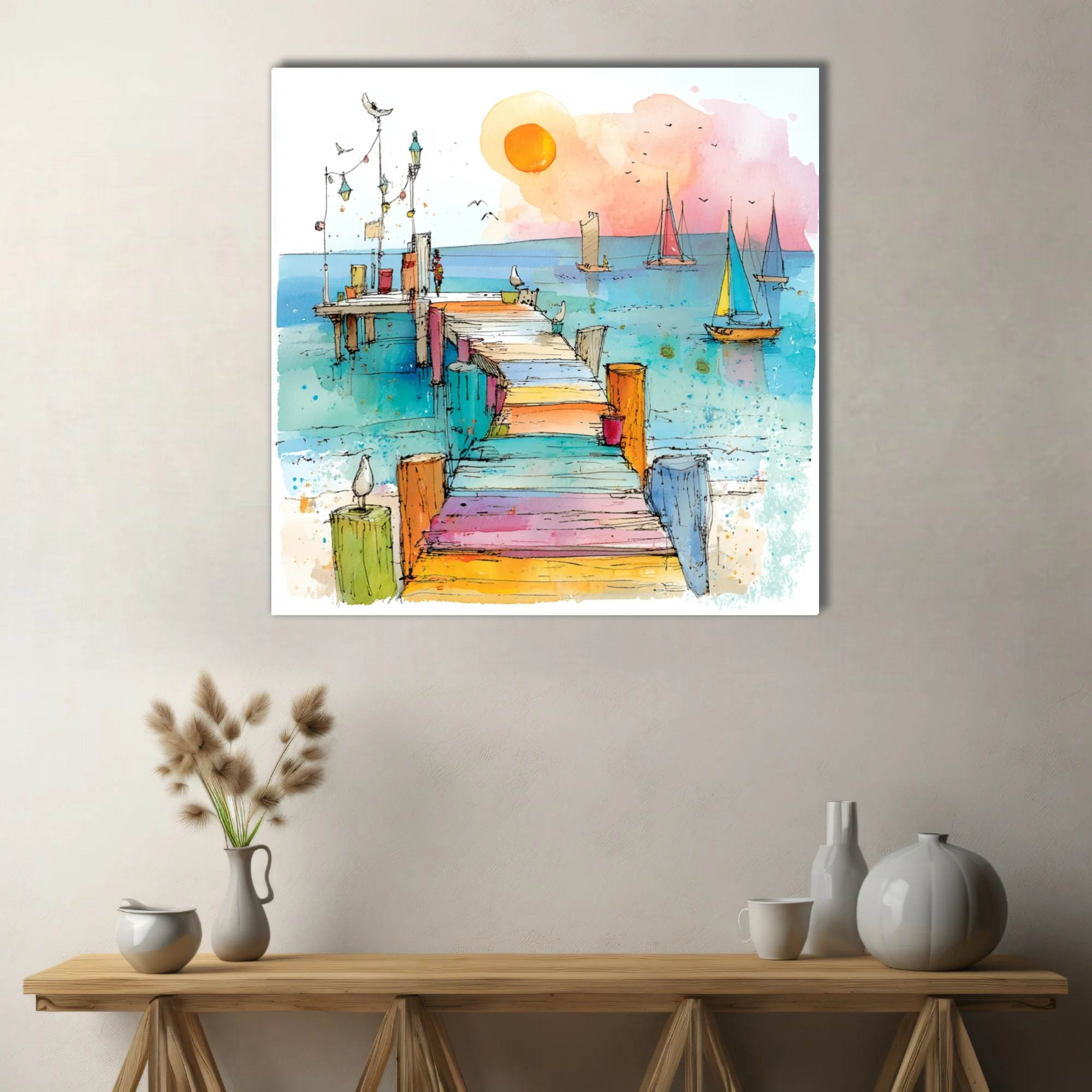 Colorful watercolor-style pier and sailboats sketch, intensely colored coastal scene