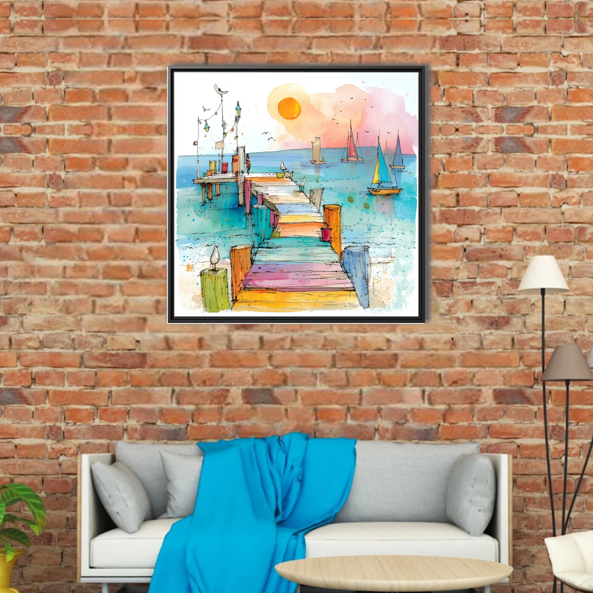 Colorful watercolor-style pier and sailboats sketch, intensely colored coastal scene