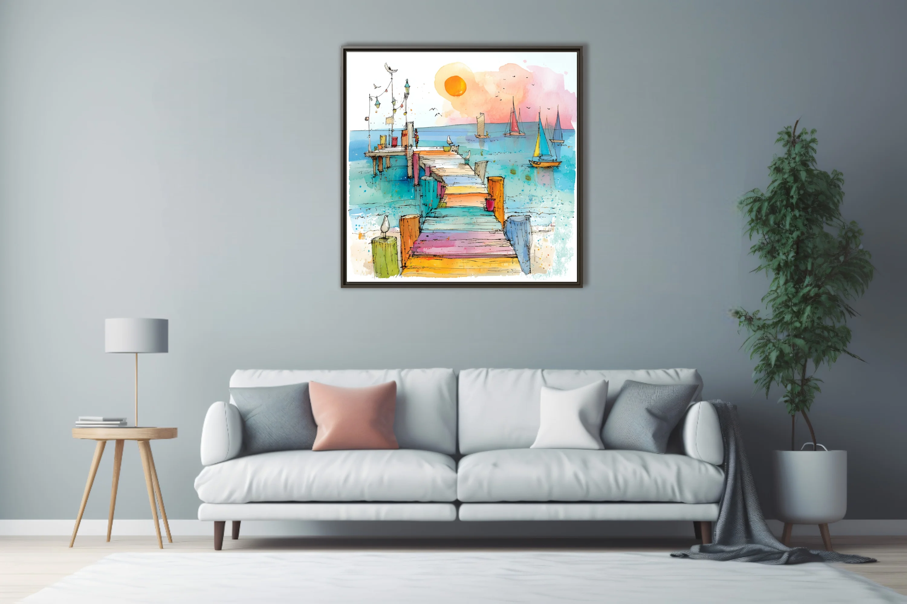 Colorful watercolor-style pier and sailboats sketch, intensely colored coastal scene