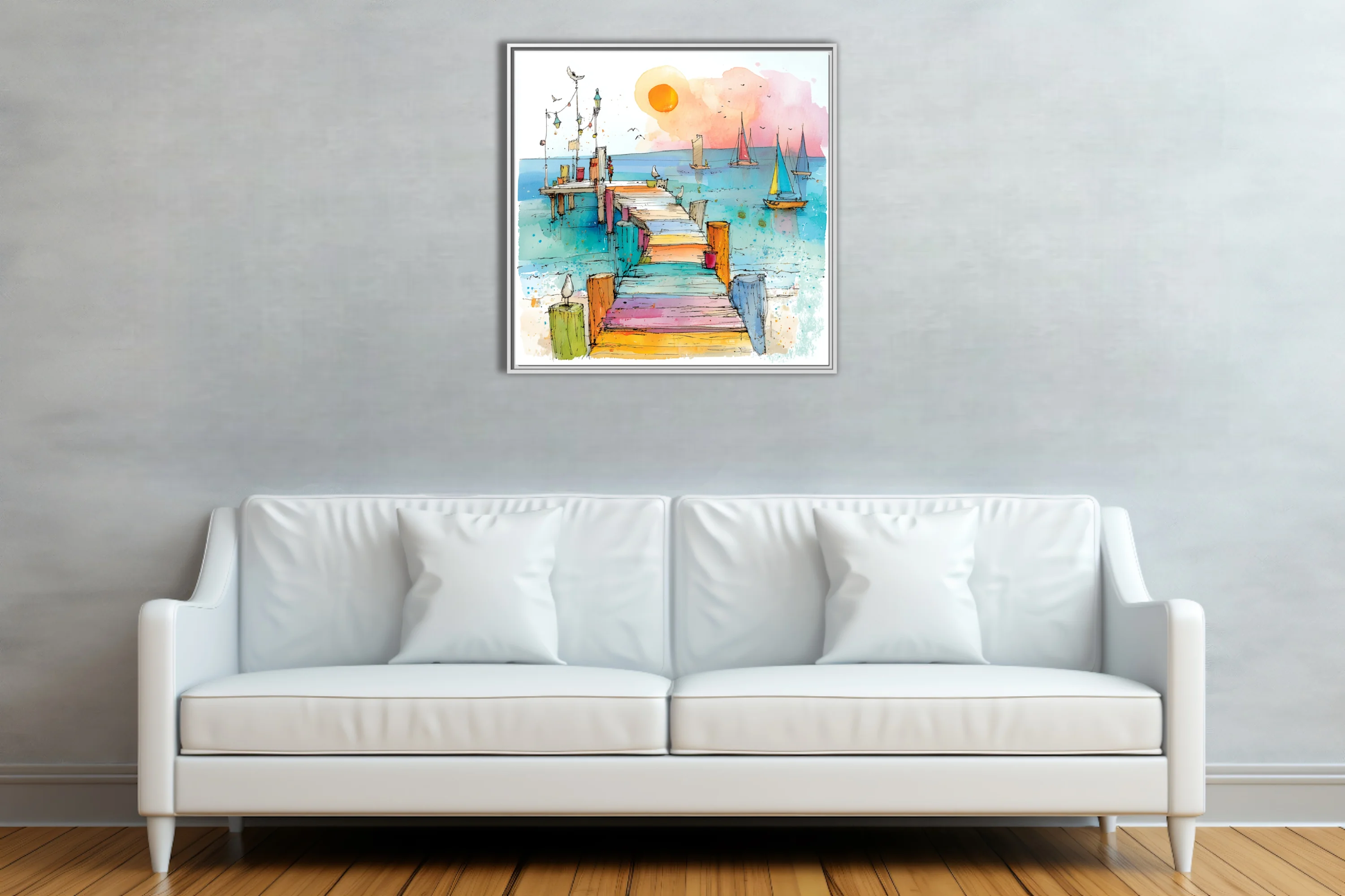 Colorful watercolor-style pier and sailboats sketch, intensely colored coastal scene